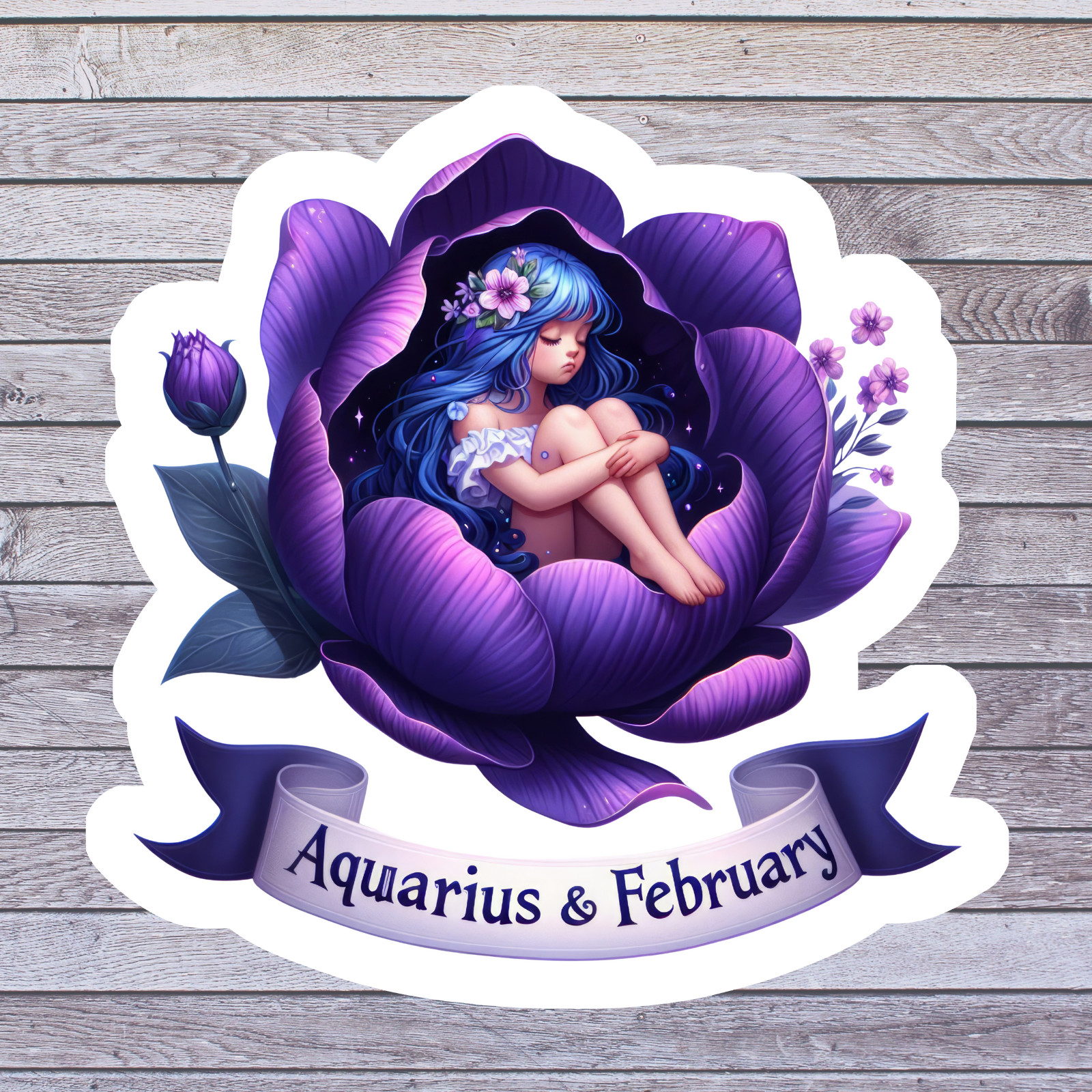 Aquarius sticker vinyl decal zodiac fairy purple flower february astrology