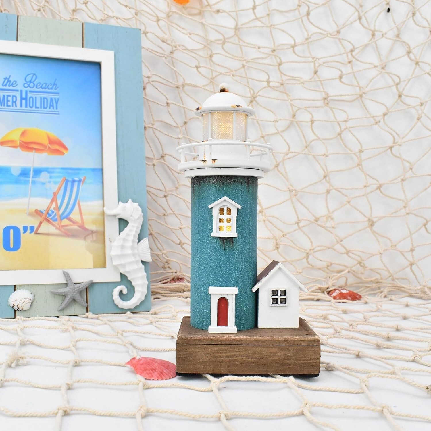 Aecipl Wooden Lighthouse with Lights Nautical Tabletop (Light Blue)