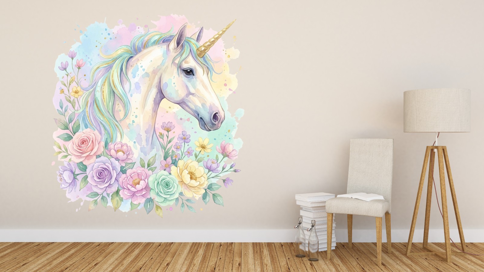 Floral Unicorn Wall Decal Vinyl Sticker Watercolor Nursery Girls Room Decor M-77
