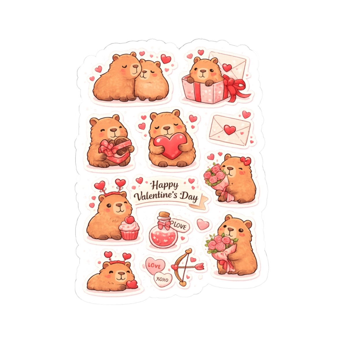 Valentine Capybara Sticker Sheet | Cute Kiss-Cut Stickers for Kids & Planners