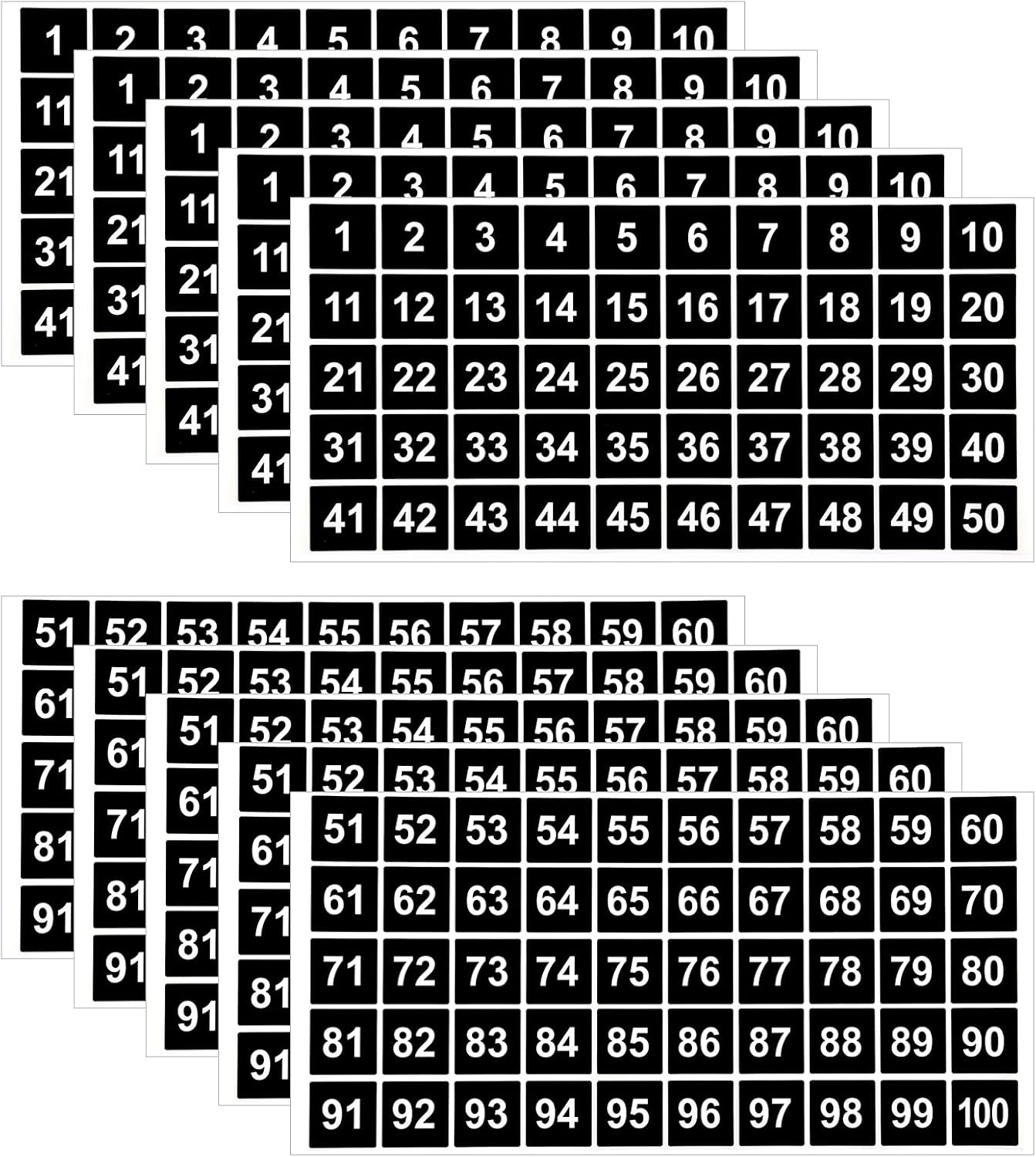 10 Sheets Number Stickers 5 Sets of 1-100 Vinyl Square Number Sticker Waterproof