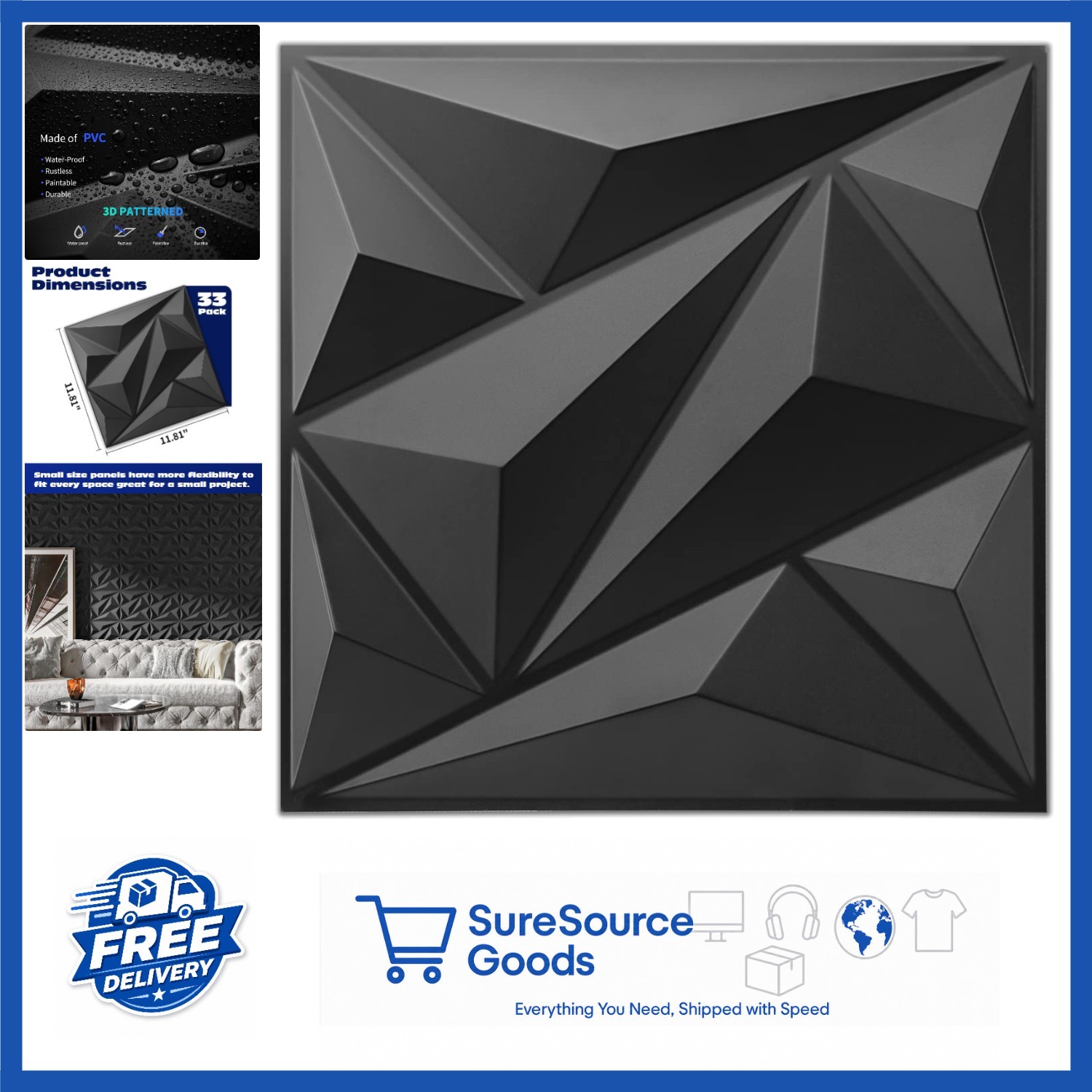 Interior Wall Décor 33 Pack 3D Diamond Panels Black PVC 32 Sq.Ft. Coverage