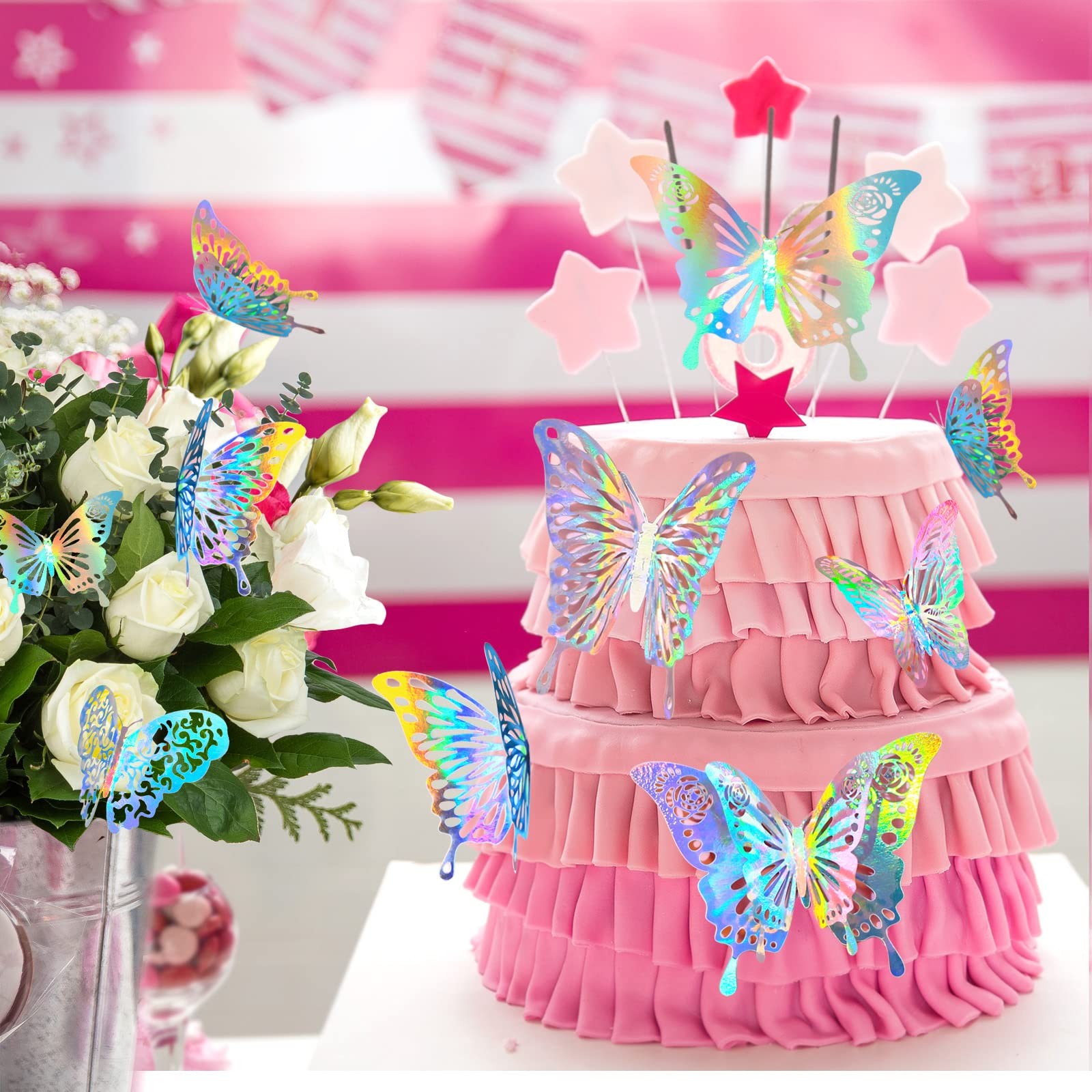 60 Pcs 3D Iridescent Silver Butterfly Wall Stickers, Holographic