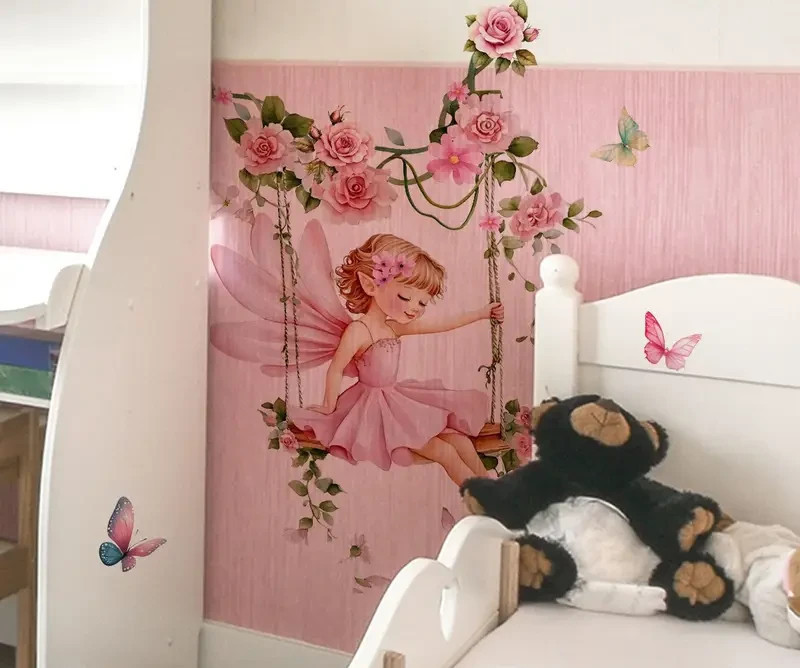 Pink Garden Fairy Decal Flowers Wall NEW Girl Vinyl Sticker Butterflies #59