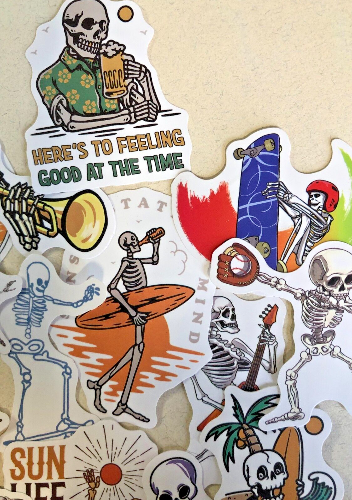 Surf's Up Skeletons Stickers – Handmade, Vinyl Waterproof Set of 20