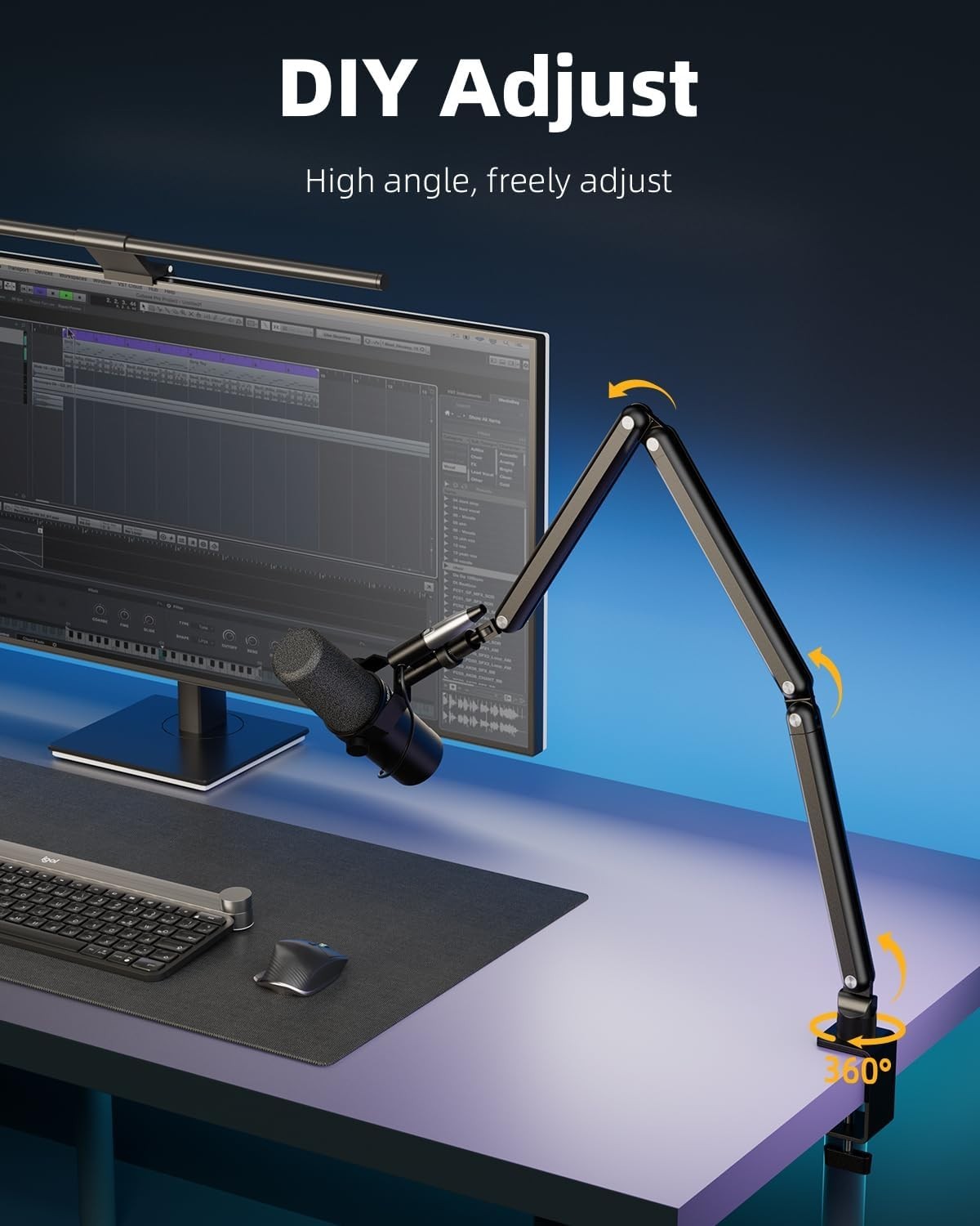 Mic Arm for Lightweight Mics, Microphone Arm Rotatable, Storable Desk Mic Stand