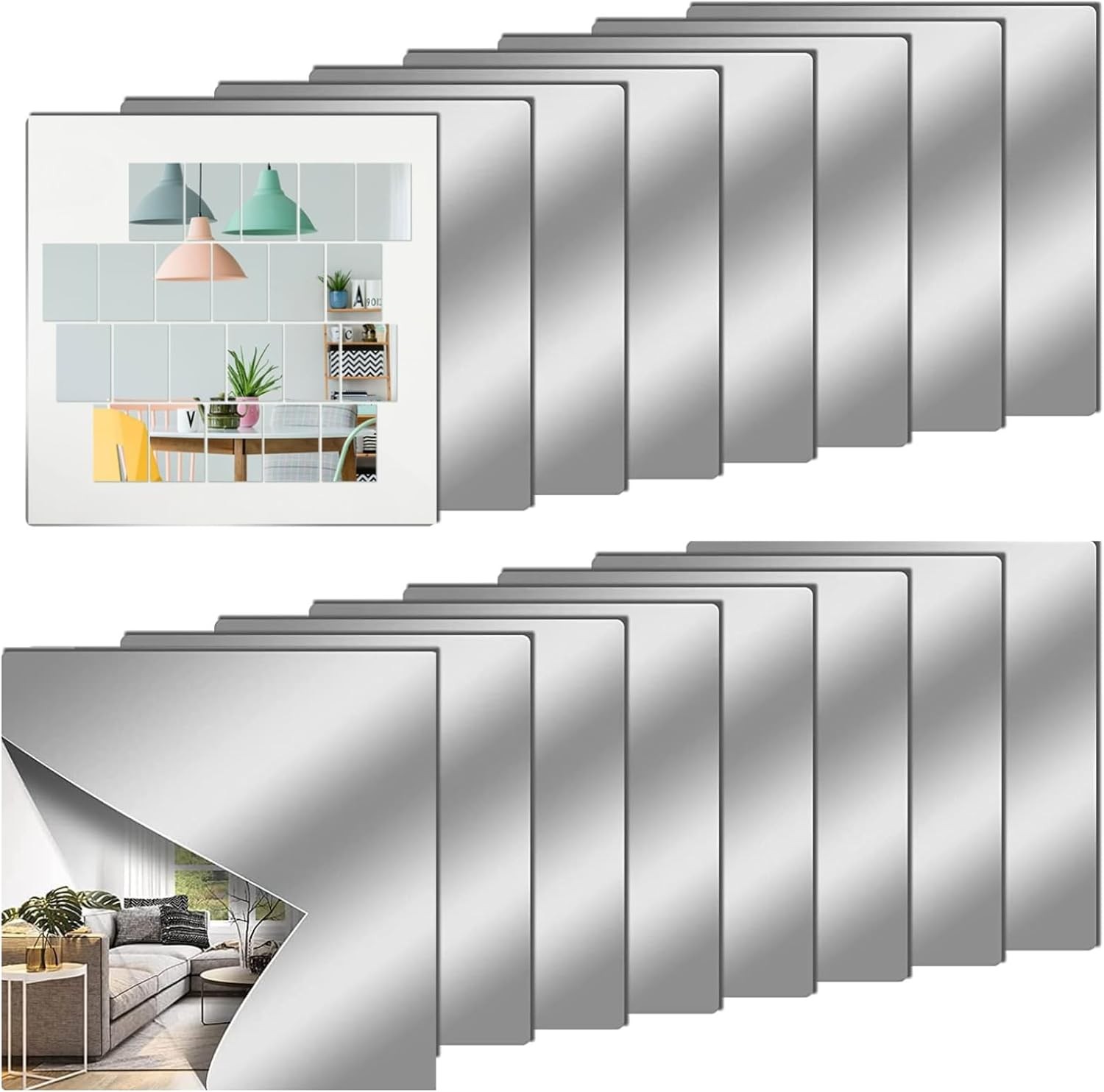 12" x 12" Acrylic Flexible Mirror Sheets 12 Pack Self-Adhesive Mirror Tiles