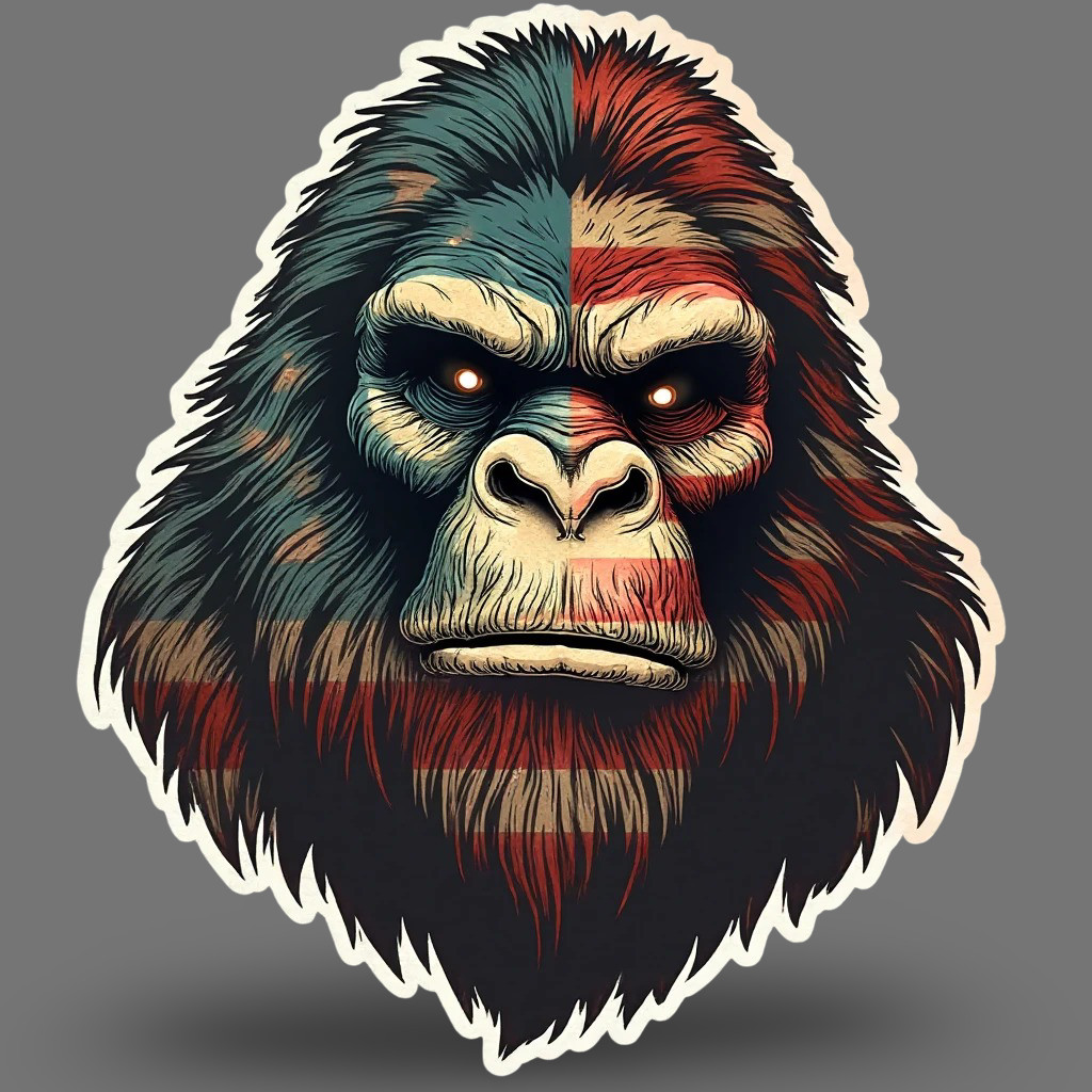 Bigfoot sticker vinyl decal patriotic gorilla face graphic stars stripes