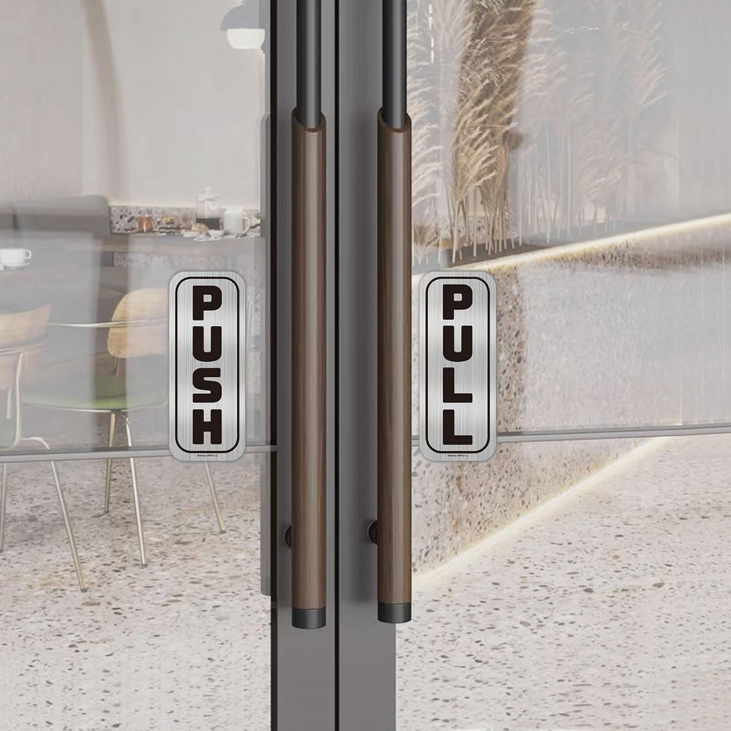 Push Pull Door Stickers 4 Pack (2 Sets), Premium Vinyl Brushed Silver Finish 2X5