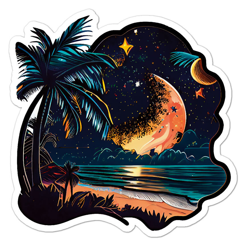 Tropical Moon Stars, Vinyl Decal Sticker, Indoor Outdoor, 3 Sizes, #9803