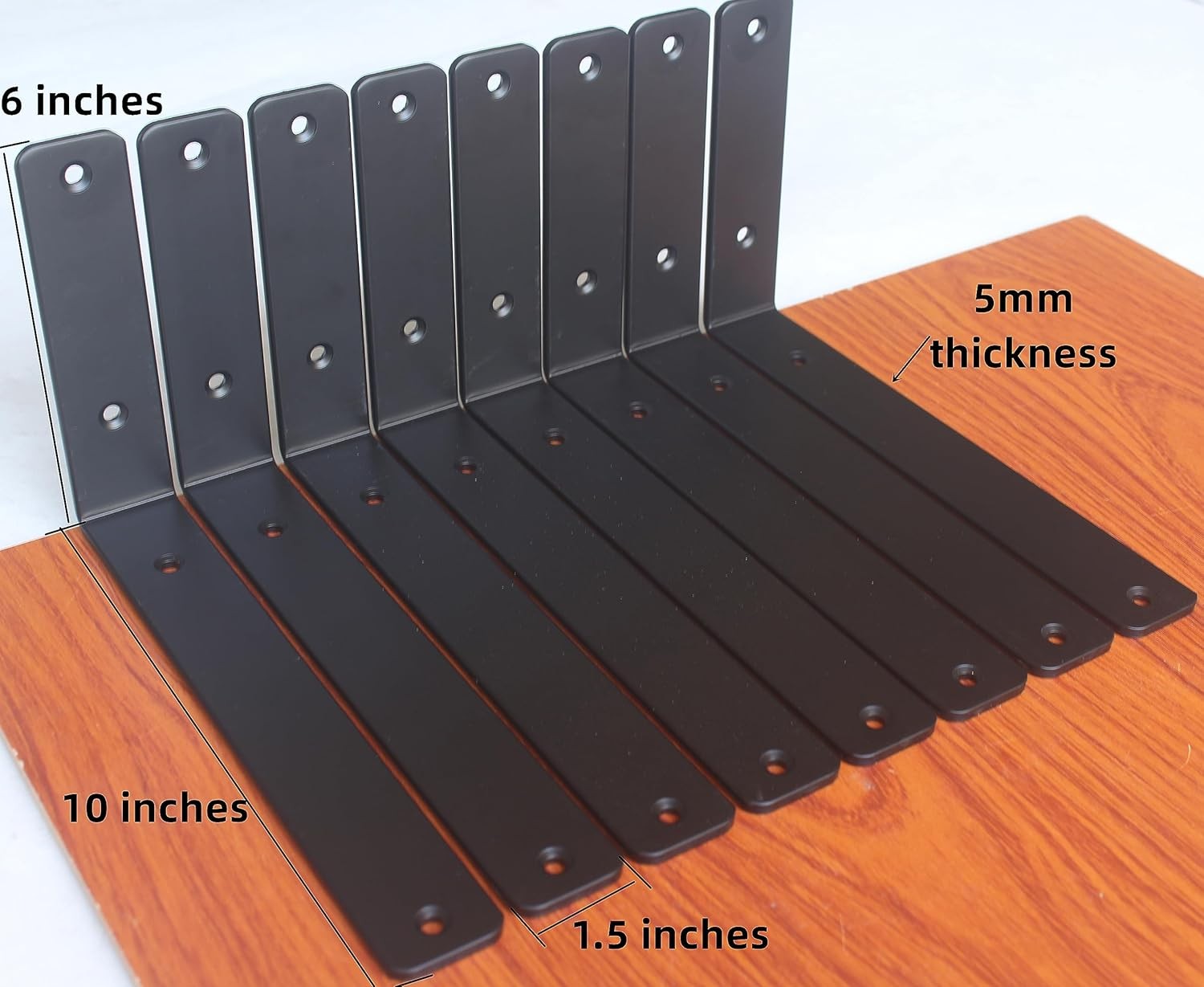 8 Pack – L 10" x H 6" x W1.5, 5mm Thick Black L Shelf Bracket, Iron Shelf Bracke