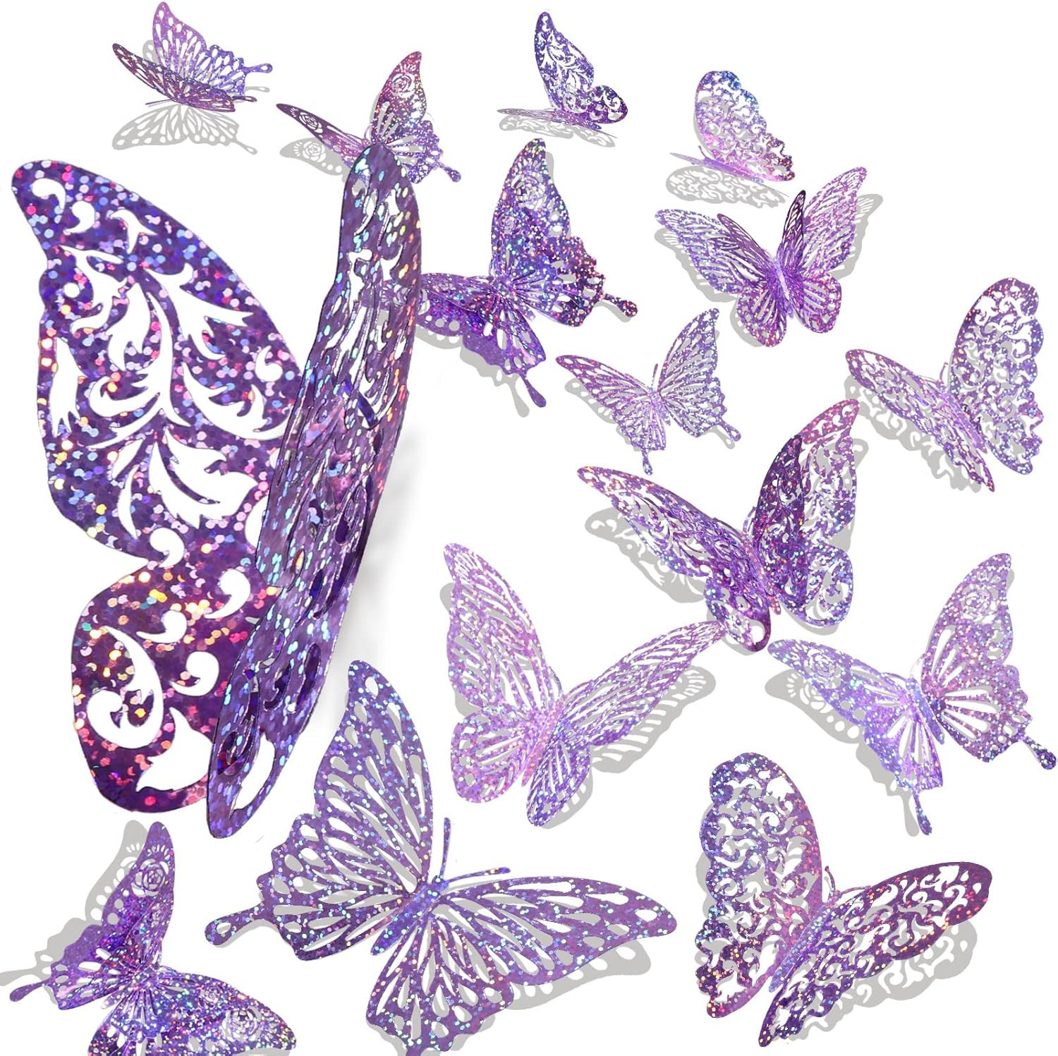 60 Pcs 3D Sequined Purple Butterfly Wall Decor Stickers, 5 Styles 3 Sizes, Holog
