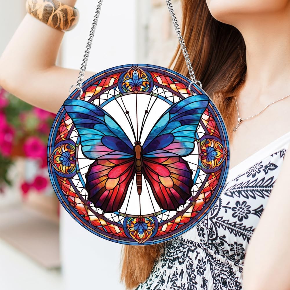 Round Butterfly Window Hanging Panel 11.8in Colorful Acrylic Suncatcher Decor