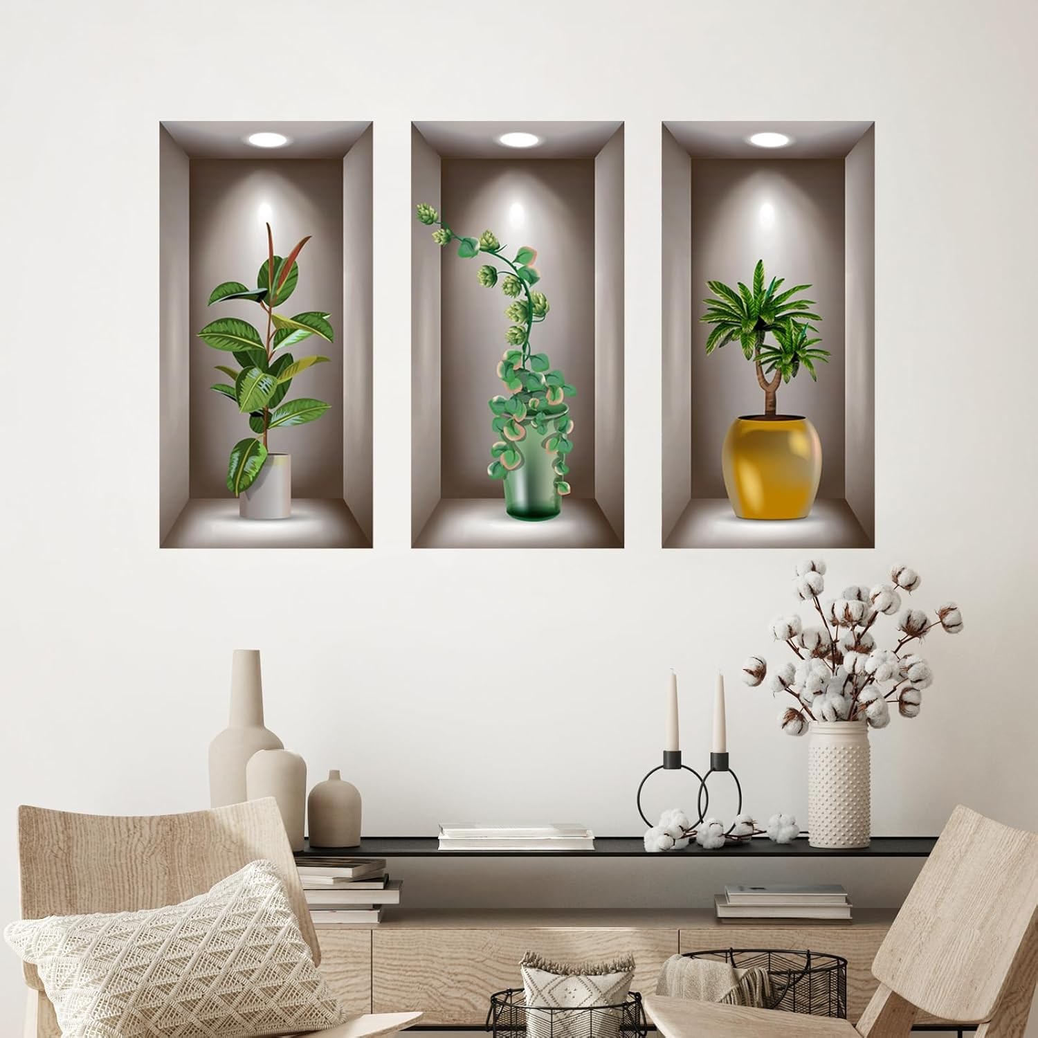 3D Potted Plants Wall Stickers Set of 3 Green Leaves Multi-colored