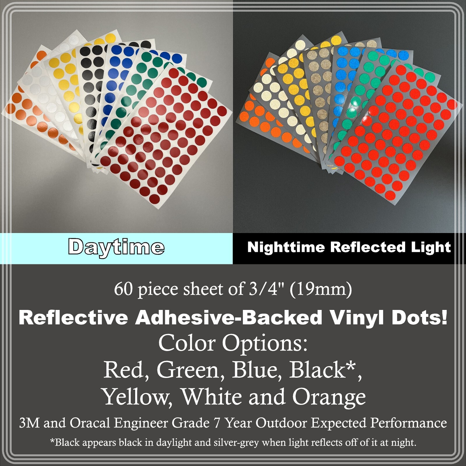 3/4"(19mm) Reflective Adhesive Backed Dots Sheets of 60 Stickers 7 Color Options