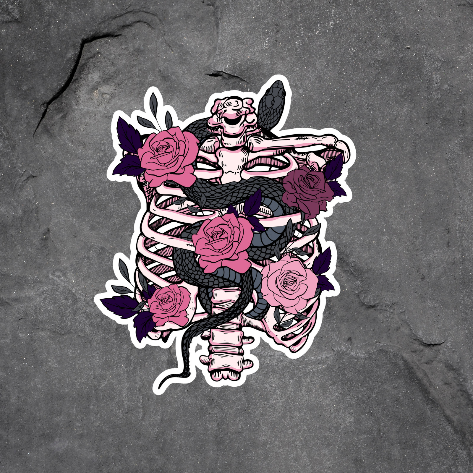 Gothic Sticker Vinyl Decal Snake Ribs Skeleton Roses Ribcage Dark Art