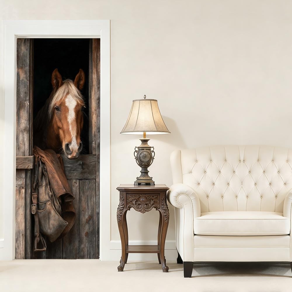 1PC Rustic Horse Door Sticker 30.3×78.7 Inch Adhesive PVC Peel and Stick Door…