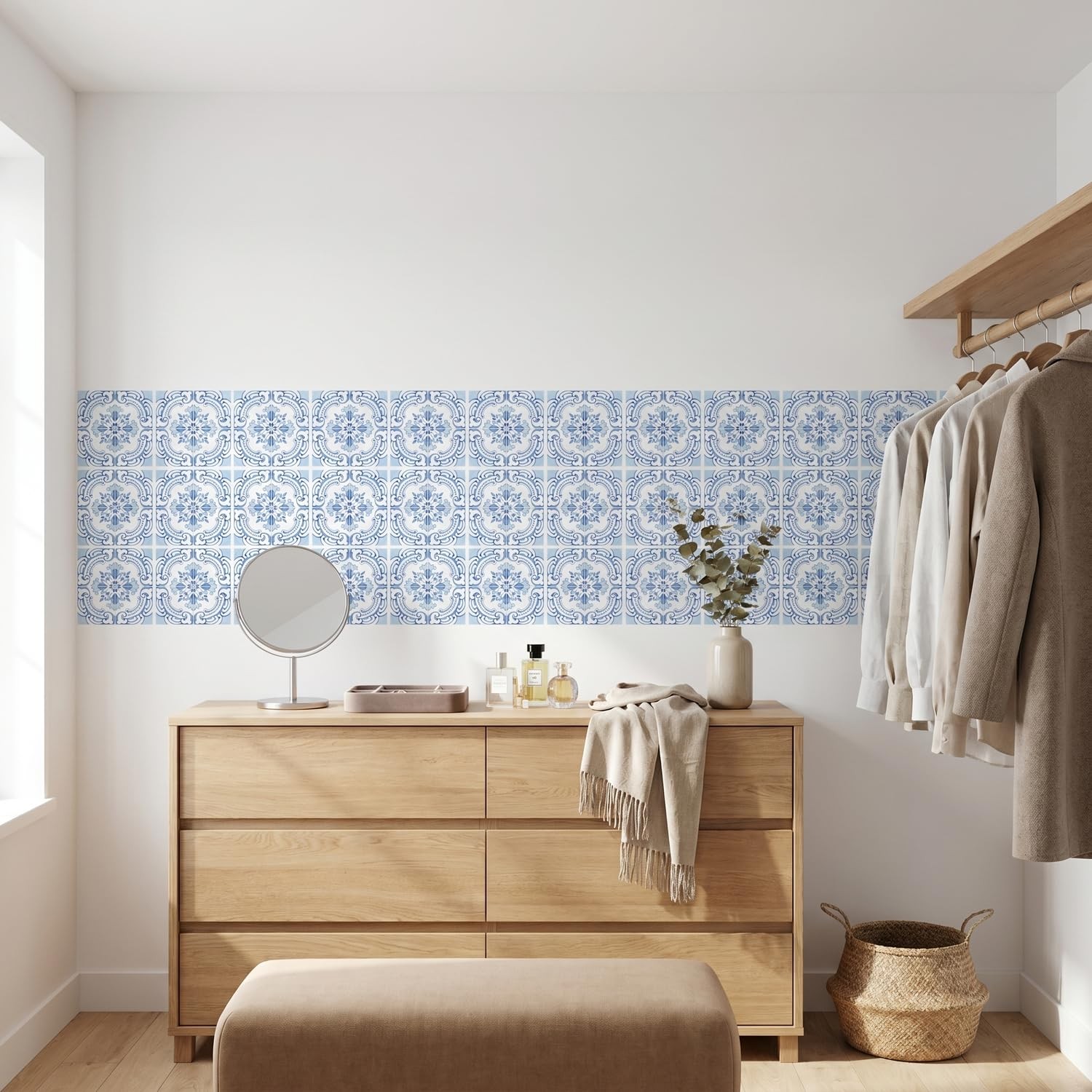 16 Pack, 5.9 Inch Vintage Tile Stickers, Ornate Blue and White Peel and Stick…