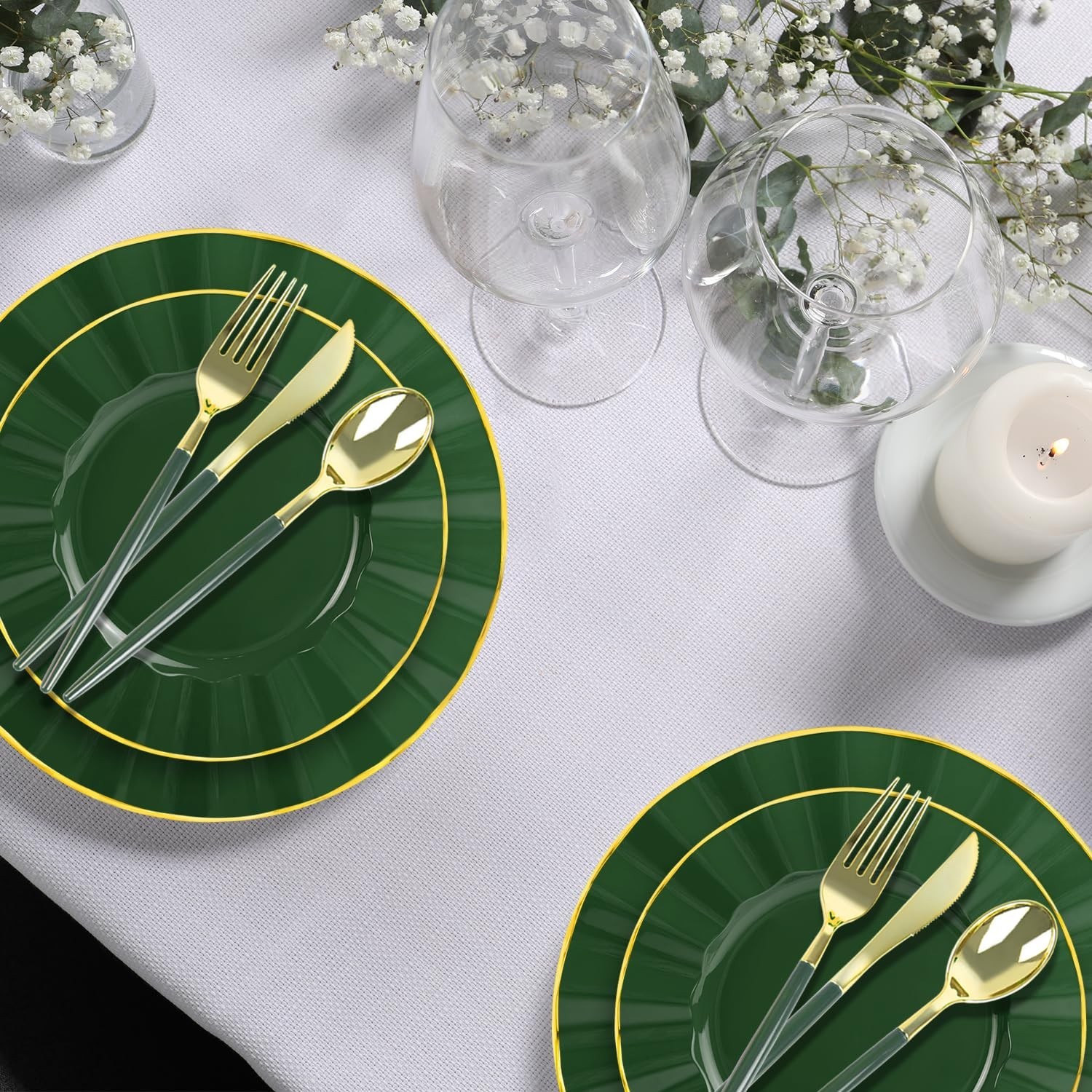 150Pcs Plastic Plates with Gold Rim,Heavy Duty Green Plates for 30 Guests,Pla…