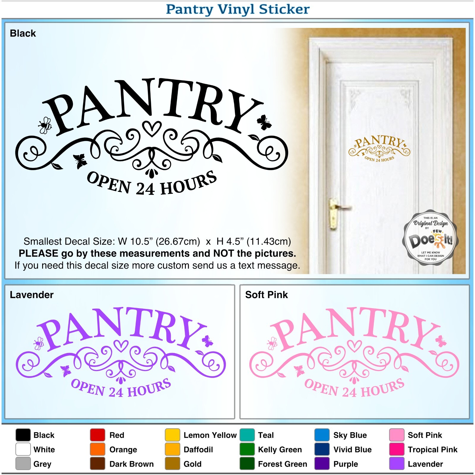 Pantry Door Decal Open 24 Hours Sign Modern Kitchen Antique Vintage Vinyl D200