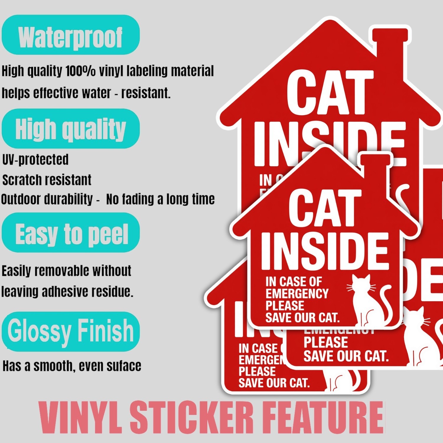 4pcs Cat Inside Emergency Stickers – Waterproof Pet Alert Door & Window Decals