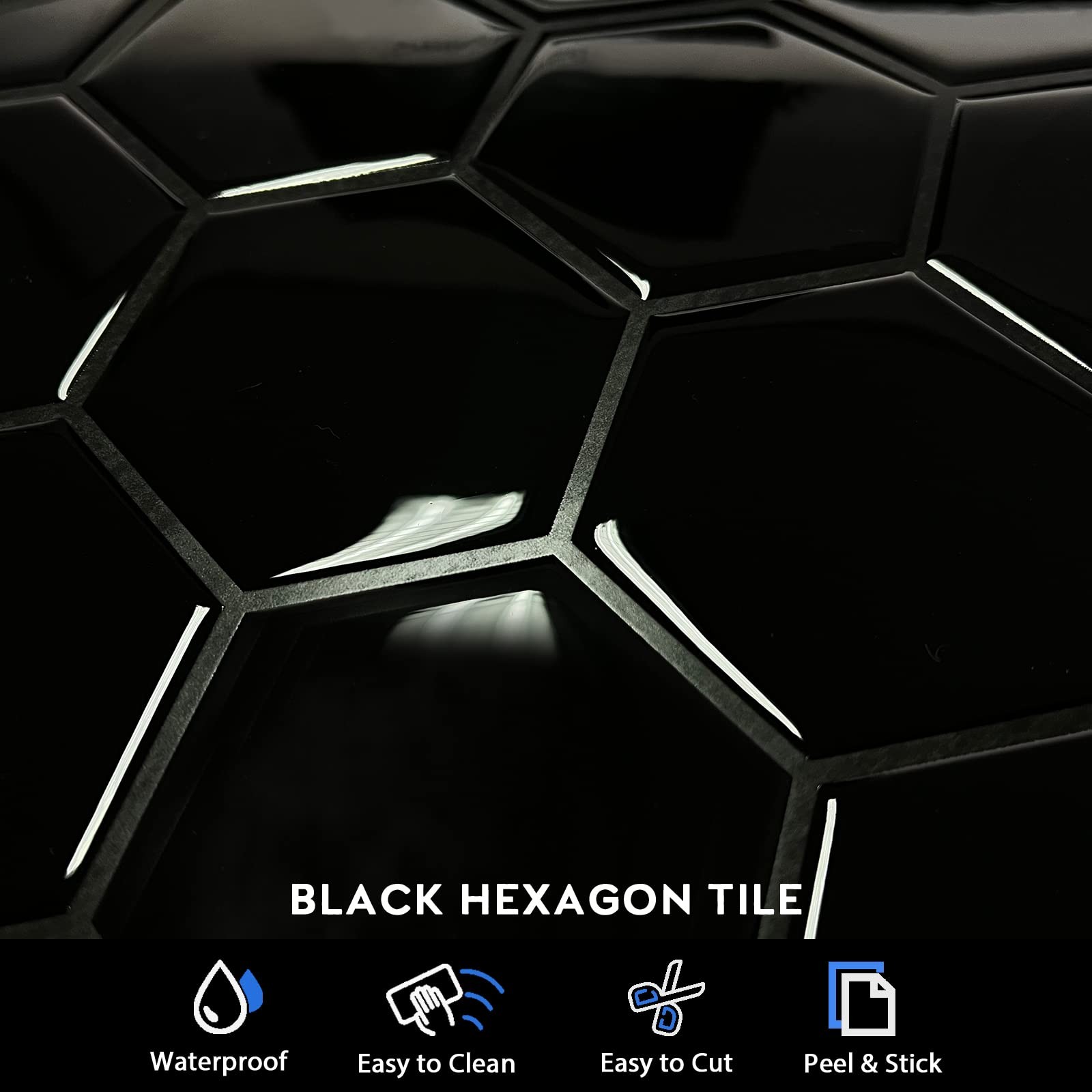 Black Hexagon Tile Peel and Stick Backsplash, 12"x12" -Adhesive 3D Stick on W…
