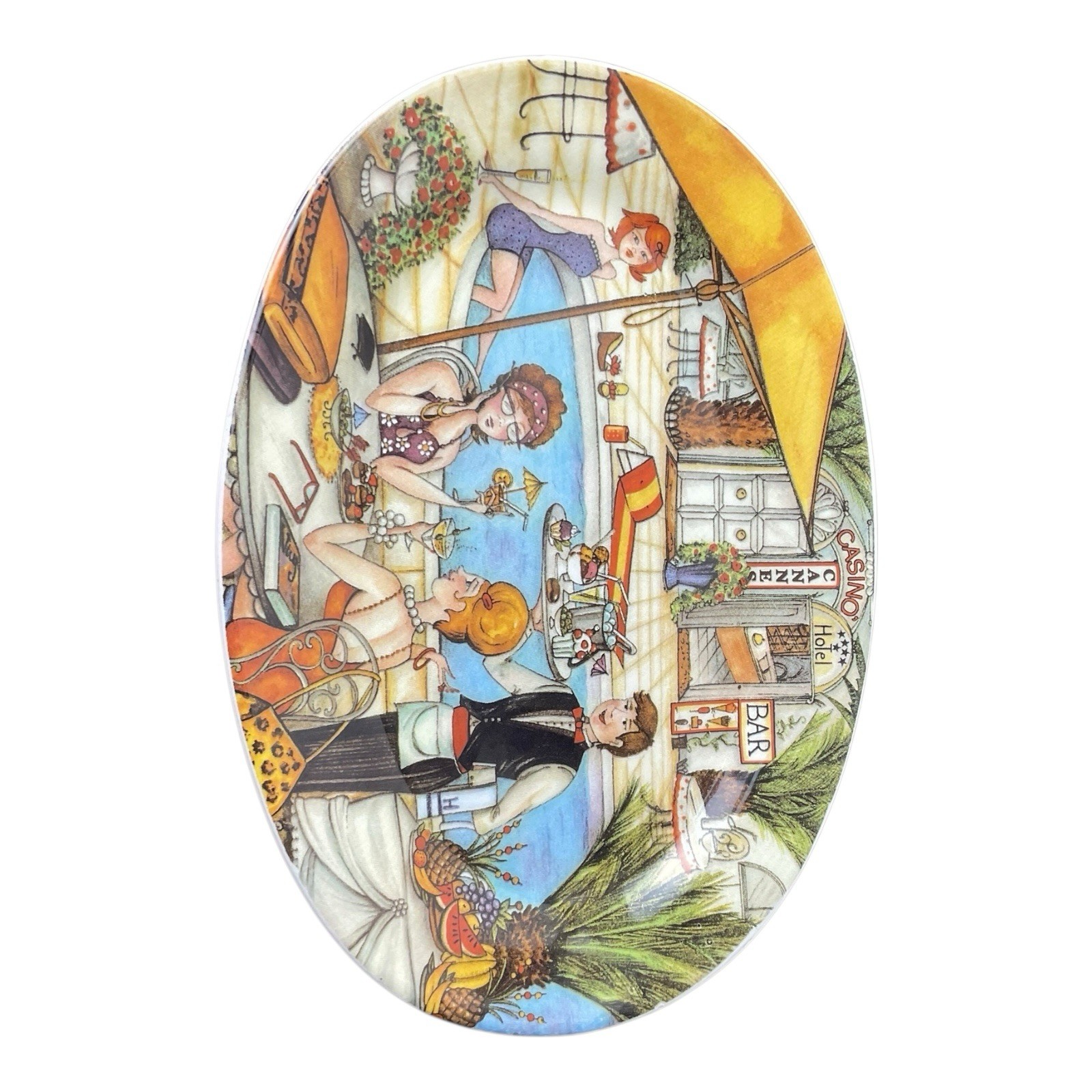 Vintage “Cannes Casino” Poolside Scene Oval Plate