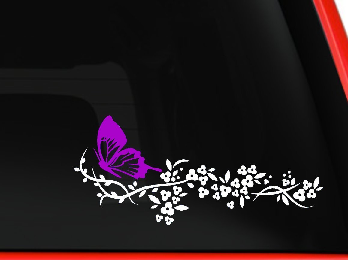 White Flower and Pink Butterfly, beautiful nature Decal Stickers Car Window 6"