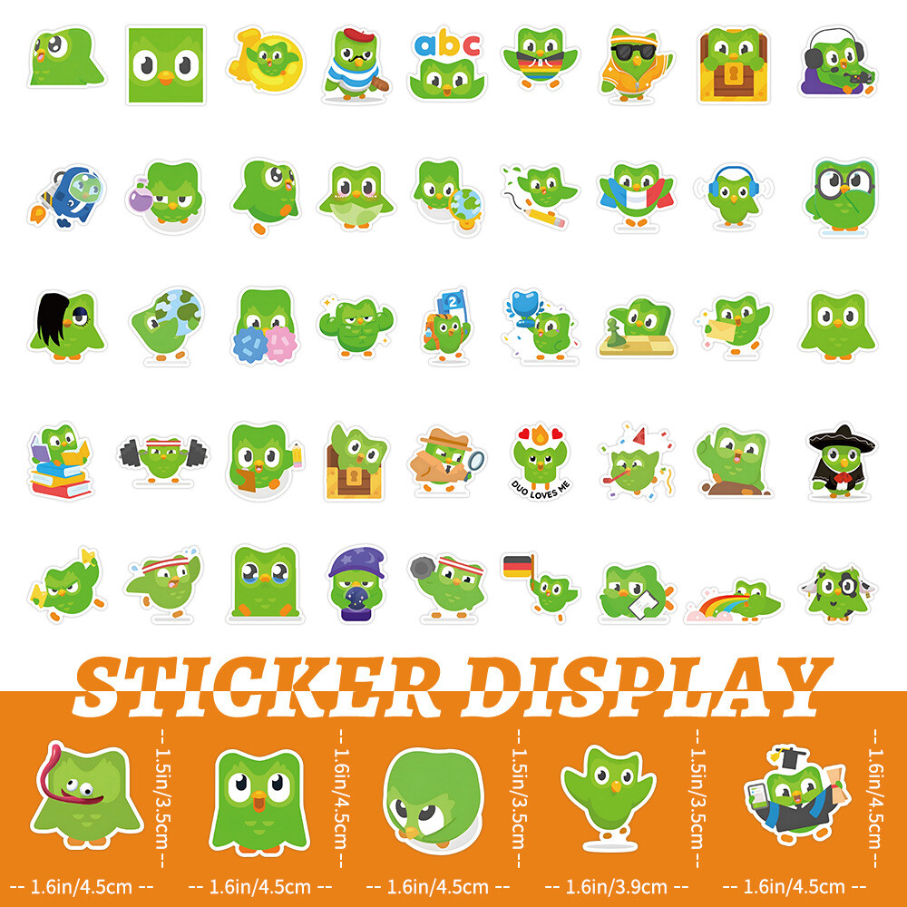 100Pcs Duolingo Cartoon Sticker for Adults Teens Girl Scrapbooking Water Bottles