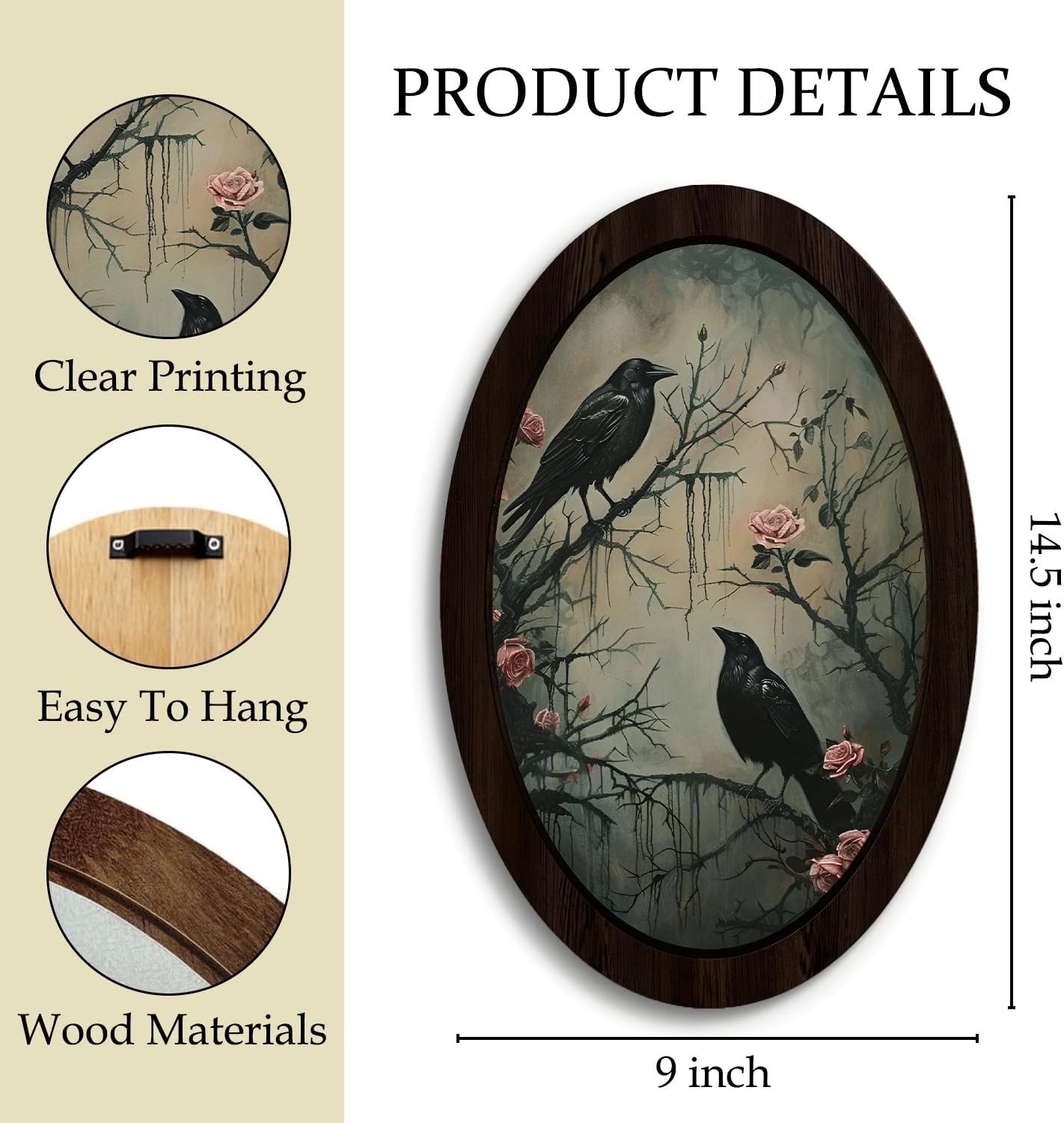 NaZaUK Gothic Black Raven Crow Oval Framed Wall Art Decor, Vintage Cottagecor…