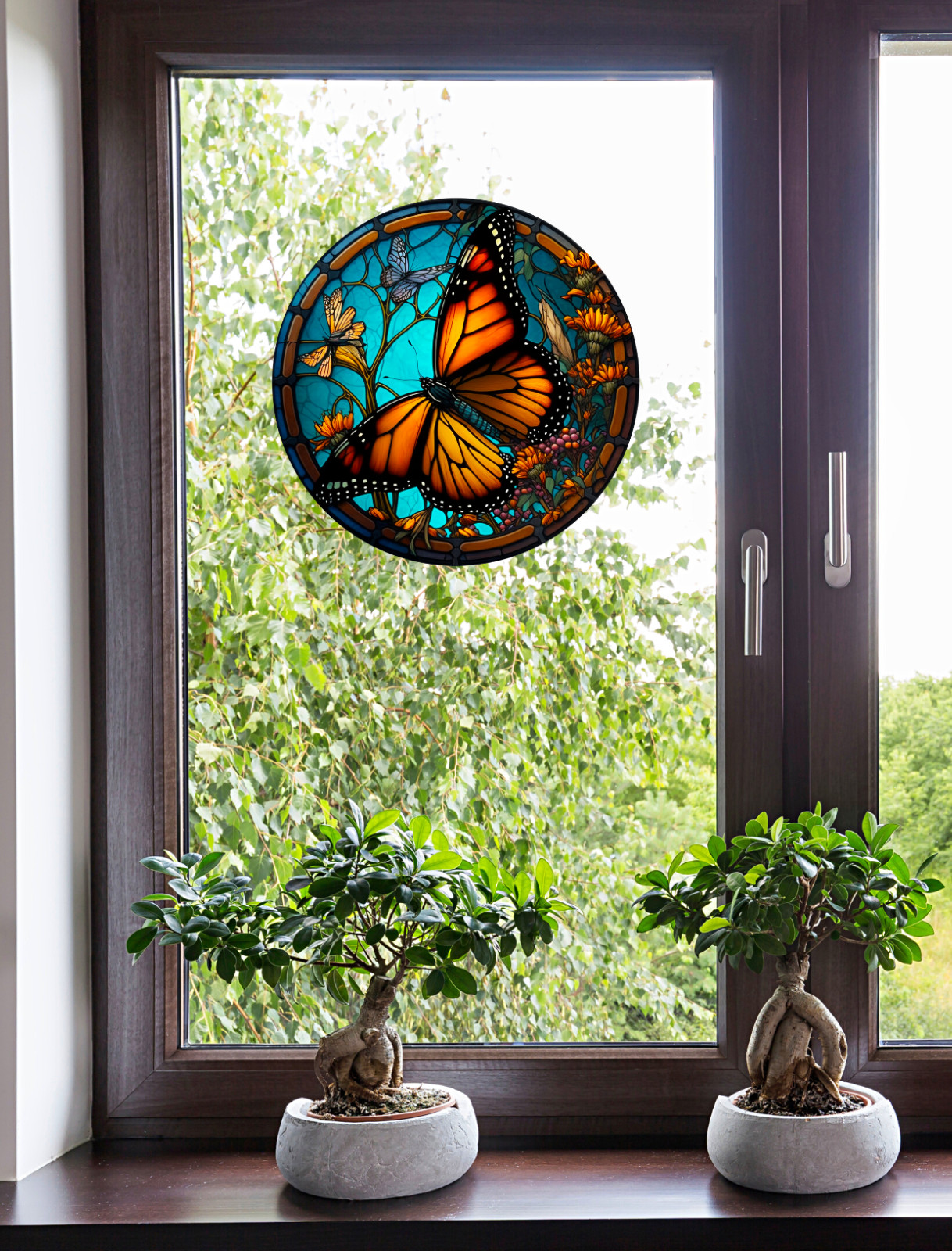 Monarch Butterfly Faux Stained-Glass WINDOW CLING Size 8" Round Vinyl