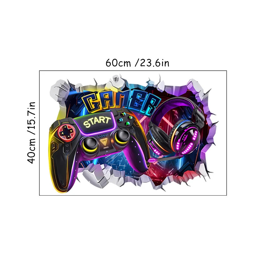 3D Broken Wall Gaming Controller Vinyl Sticker Kids Room Boy Bedroom Decor