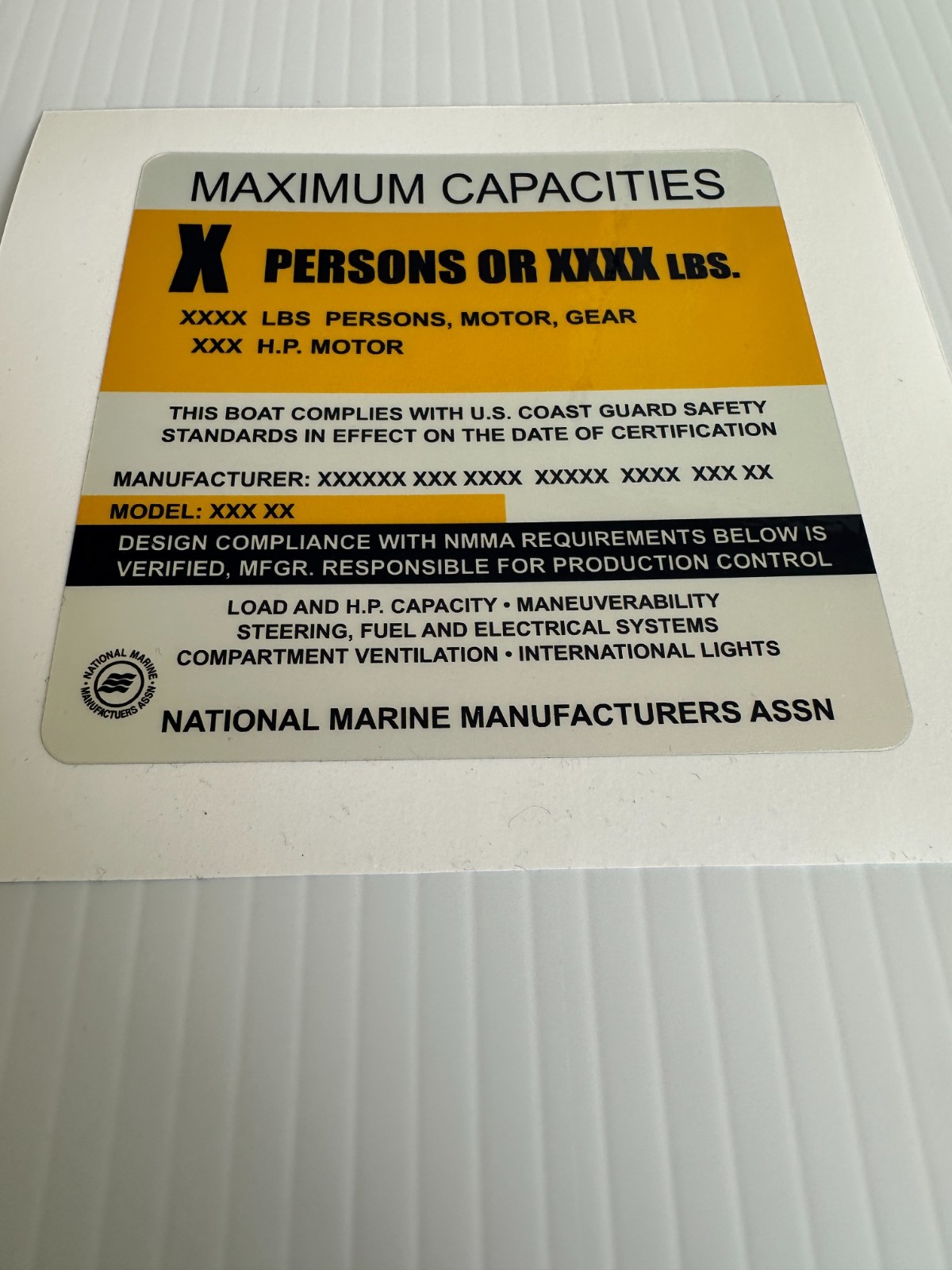 Boat Capacity Plate Replacement Sticker – Marine Grade Silver Decal – NMMA USCG