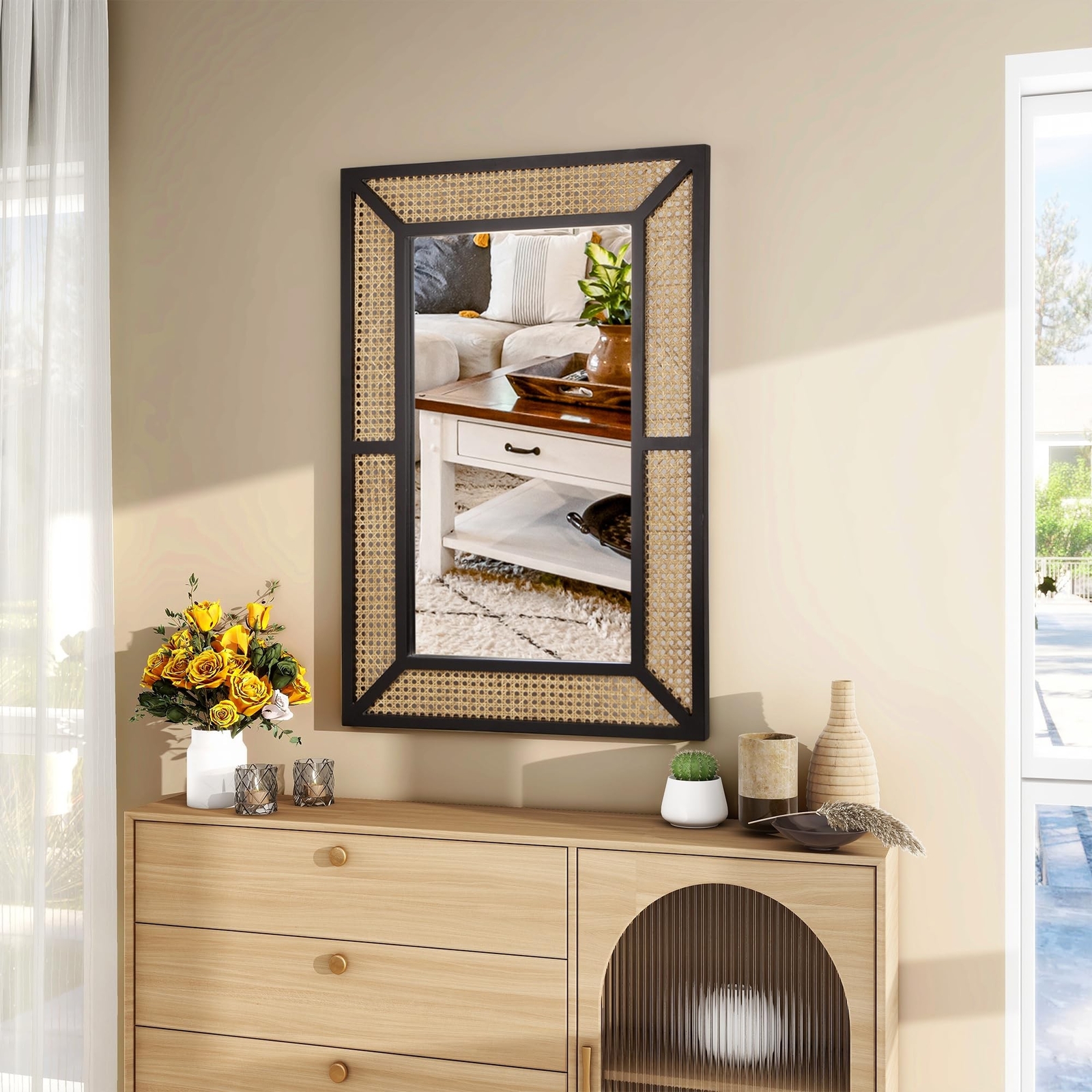 Rattan Mirror for Wall Decor Bohemian Rectangular Large Mirror, Boho Decorati…