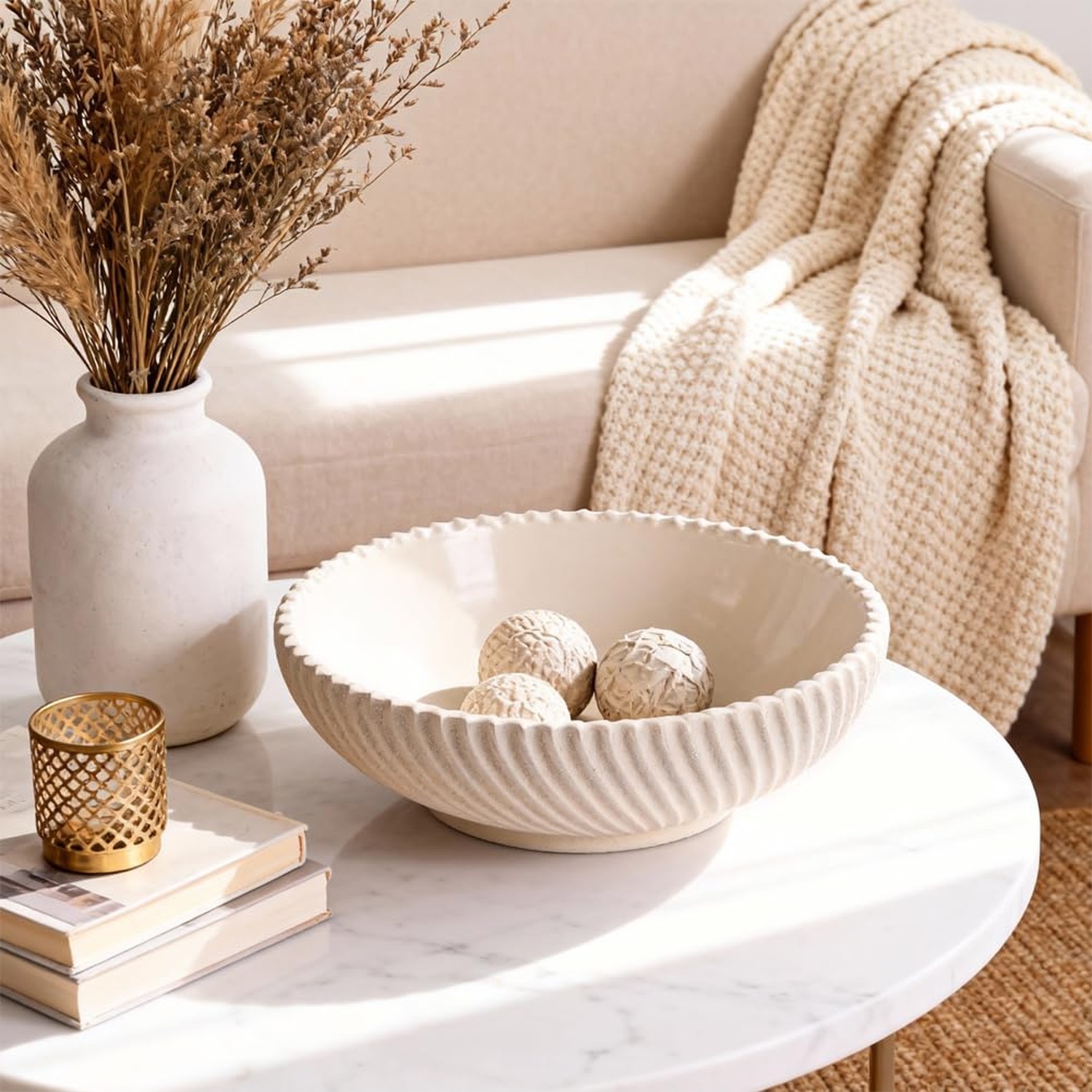 Large Resin Decorative Pedestal Bowl for Home Decor – Sandstone Ribbed Fruit …