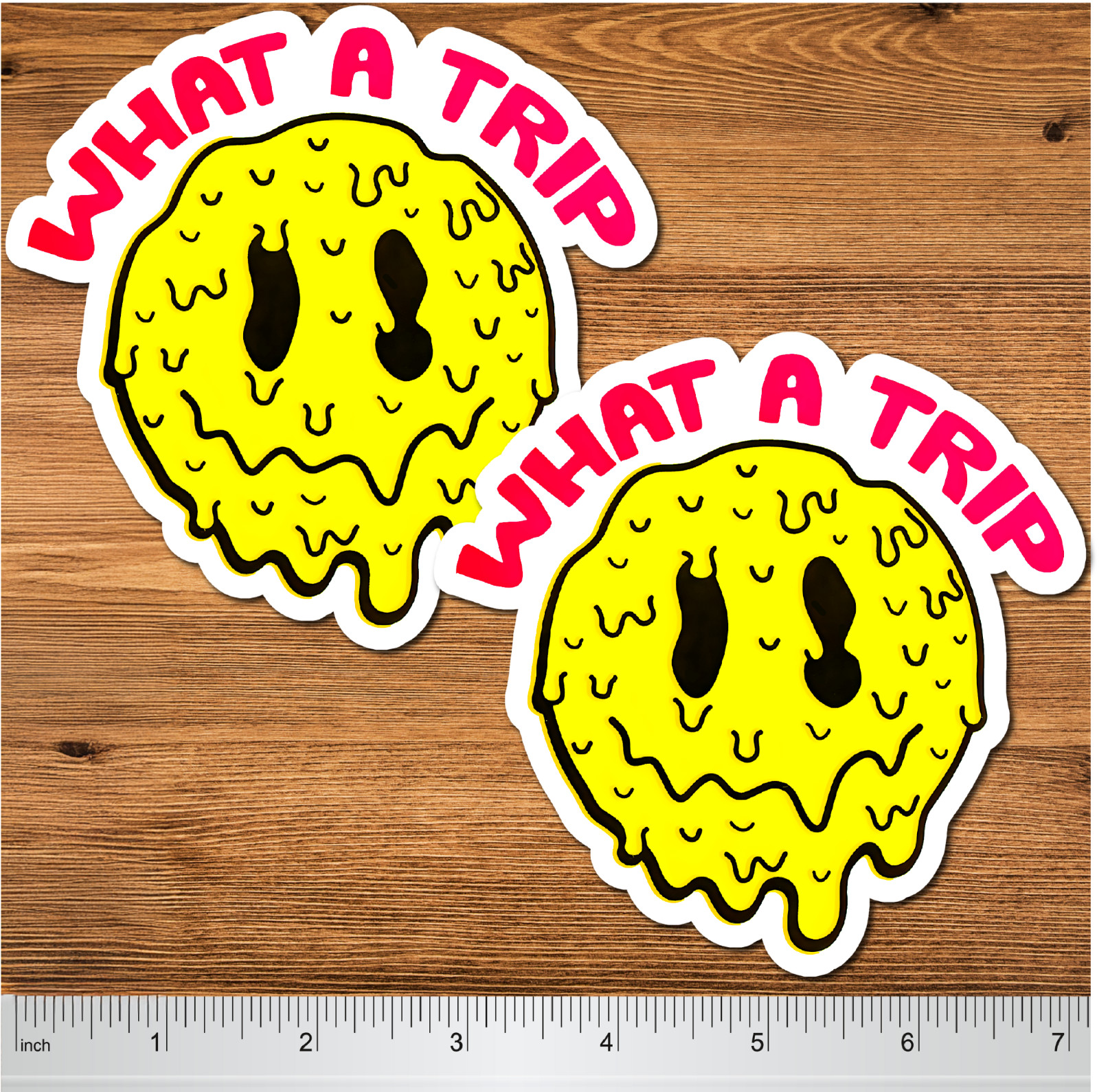 Trippy Melting Smiley “What a Trip” 5" 2 Pack Vinyl Sticker, Psychedelic Decal