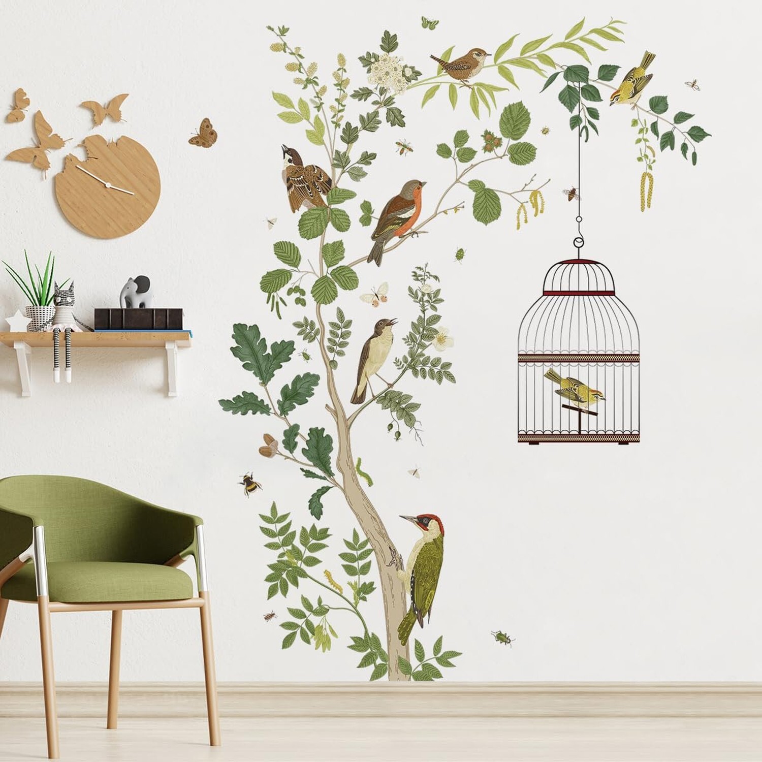 Removable Tree Bracnch Wall Decal Fresh Plant Leaves Wall Sticker Birds and H…