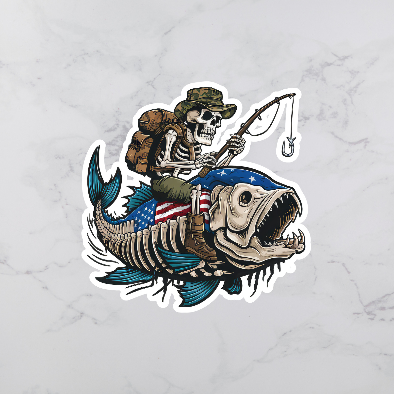 American Flag fishing sticker vinyl decal bass skeleton gothic tackle box