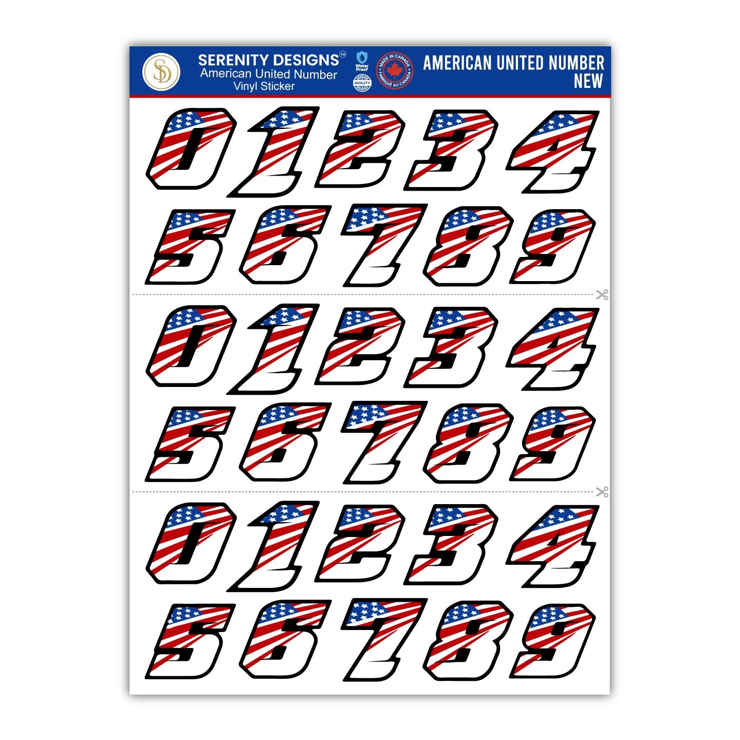 Patriotic American Flag Number Stickers for Helmets, Blue, Red, Black, White