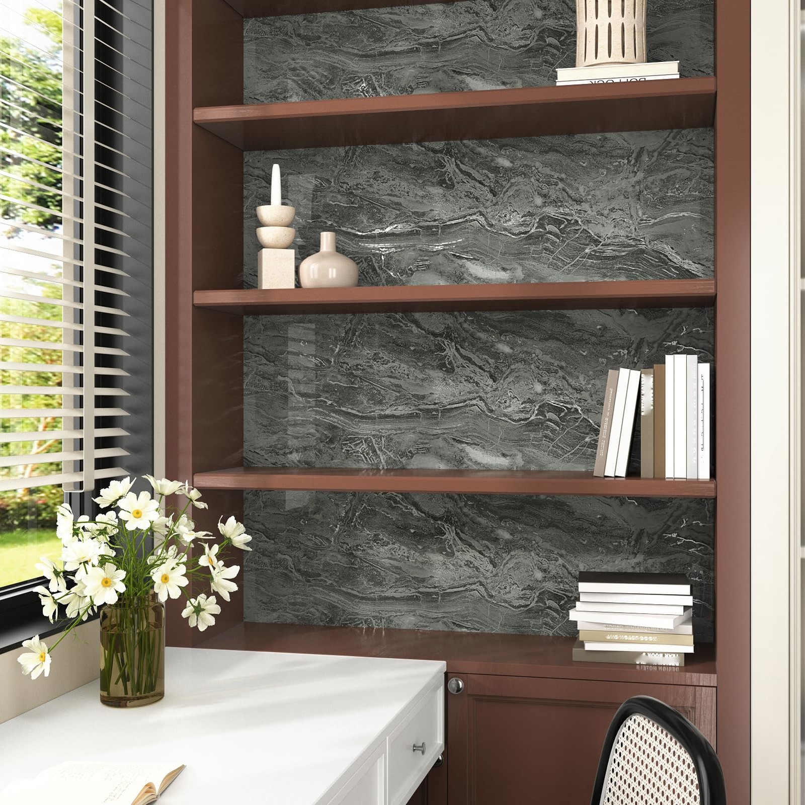 Glossy Black Marble Paper for Countertops 15.8"x236" Silver Granite Peel an…