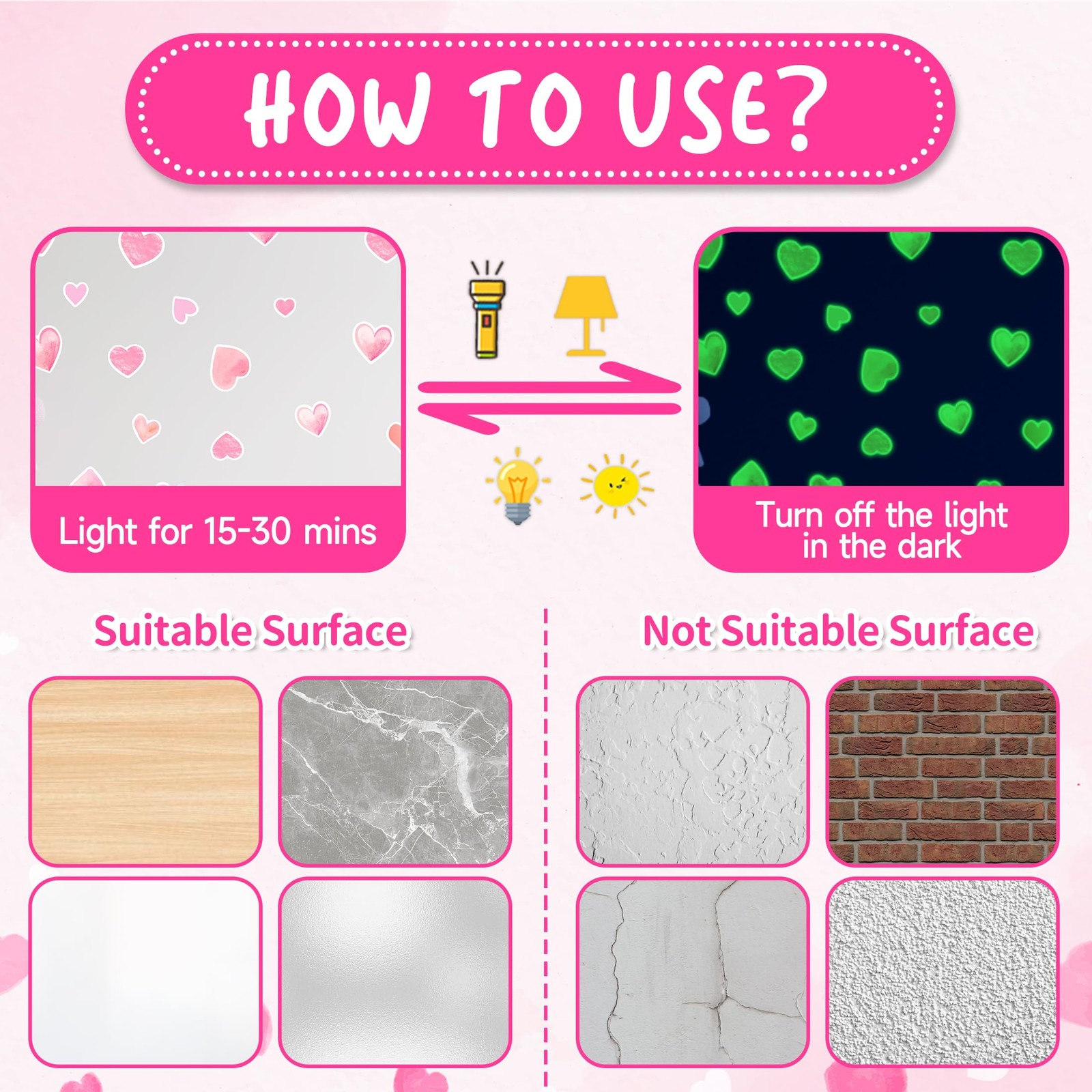 42 pcs Pink Heart Shape Wall Stickers for Girls Bedroom，Glow in The Dark Kids…