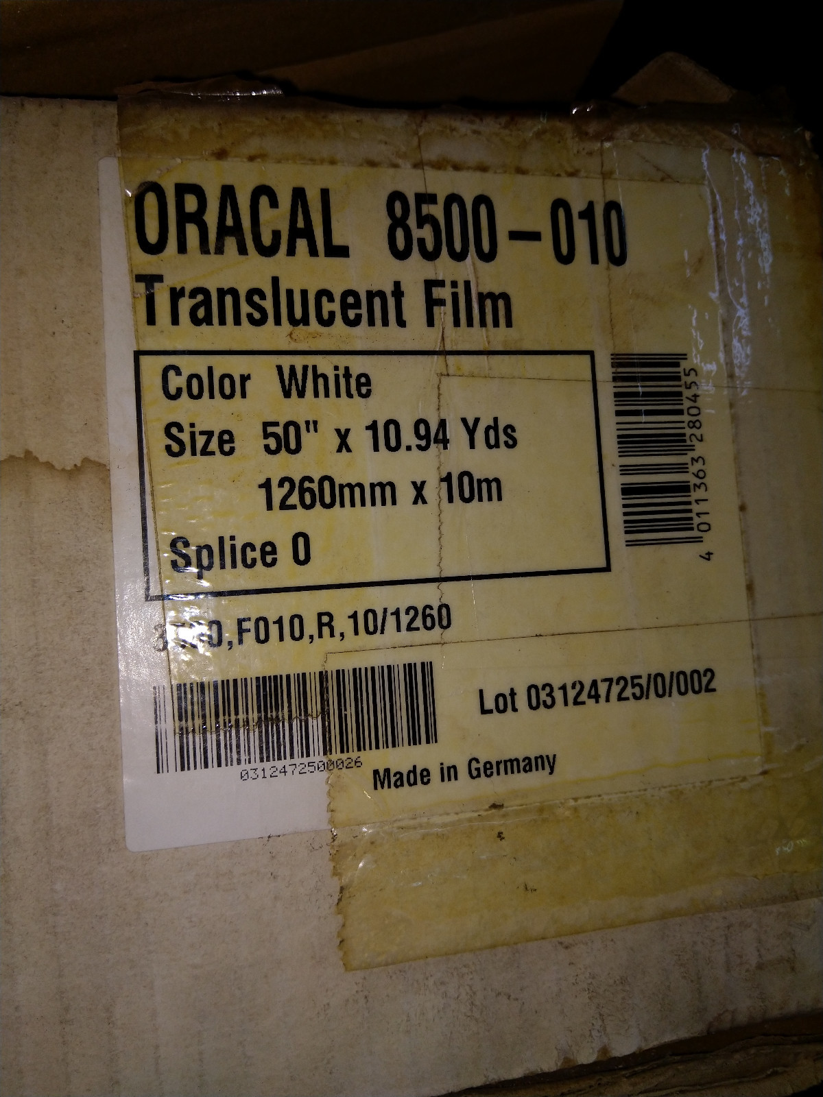 Oracal 8500-010 White Wrap Vinyl Translucent Calendered Film Size: 50"X10.94 Yds