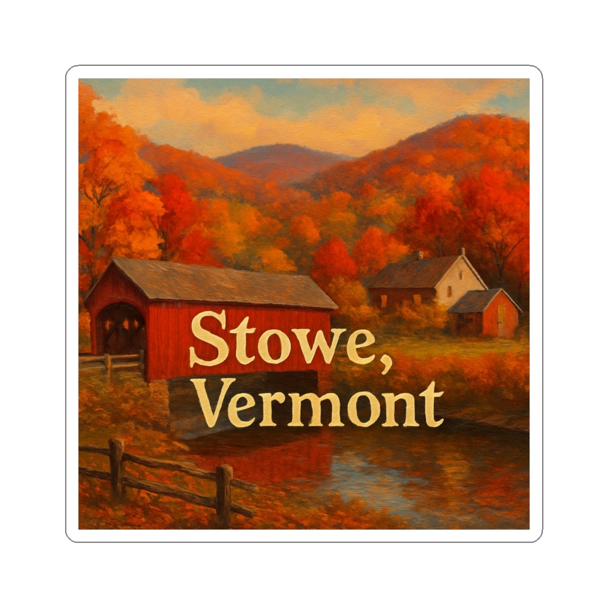 Sticker Stowe Vermont Covered Bridge Scene 2×2 3×3 4×4 6×6