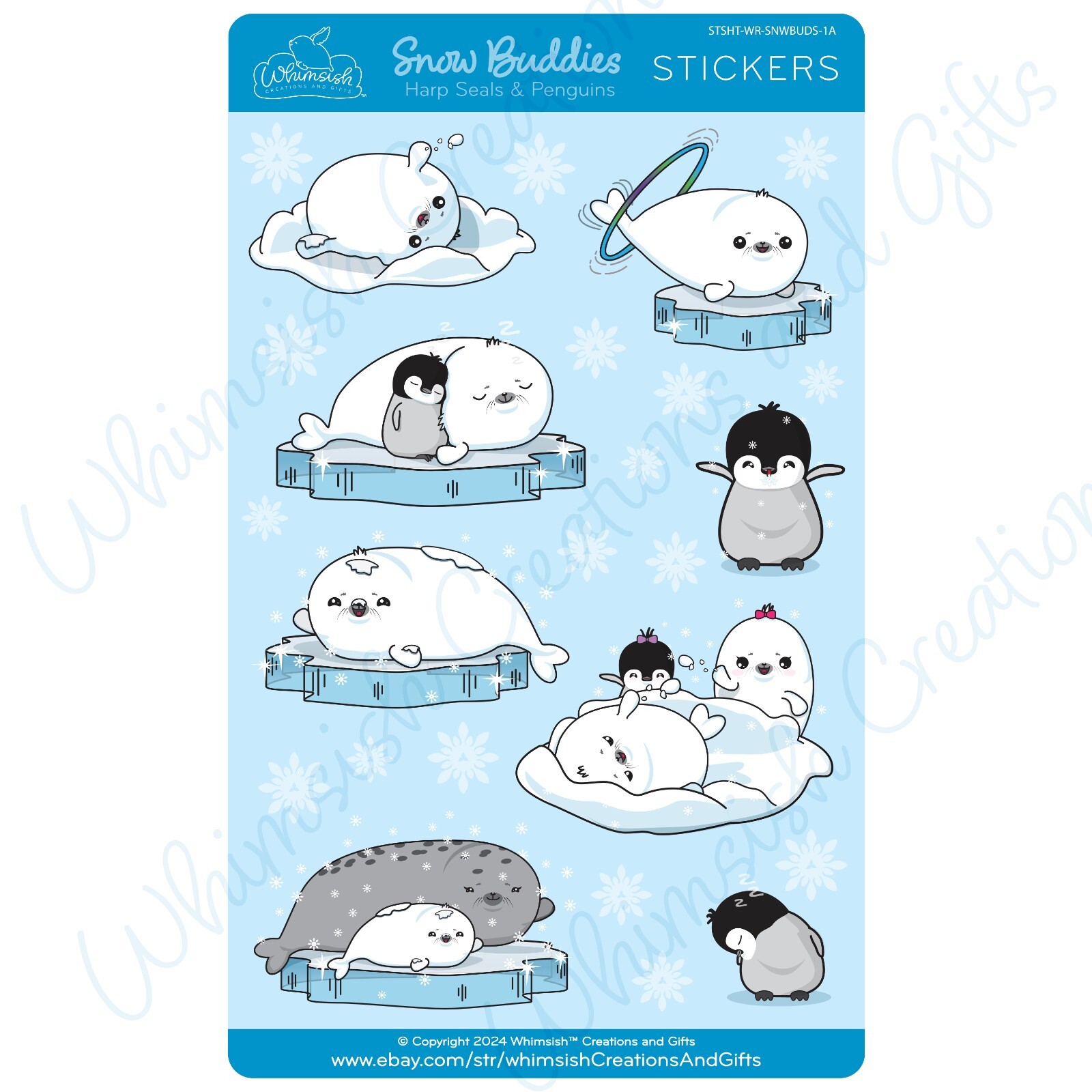Sticker Sheet—Snow Buddies01: Harp Seals & Penguins, Vinyl, Laminated Stickers