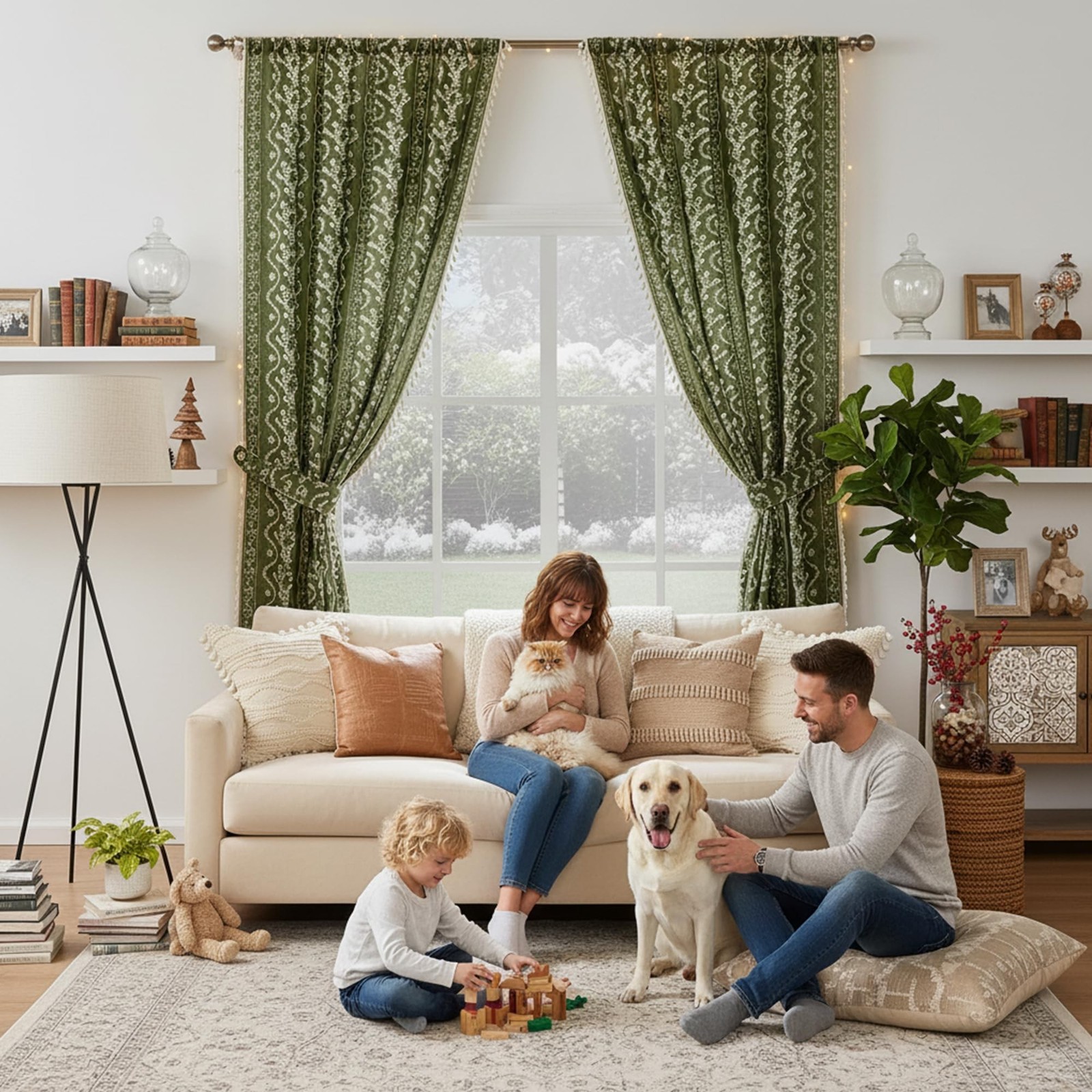Olive Green Floral Curtains 80 Inch Long for Living Room, Bedroom, 2 Panels B…