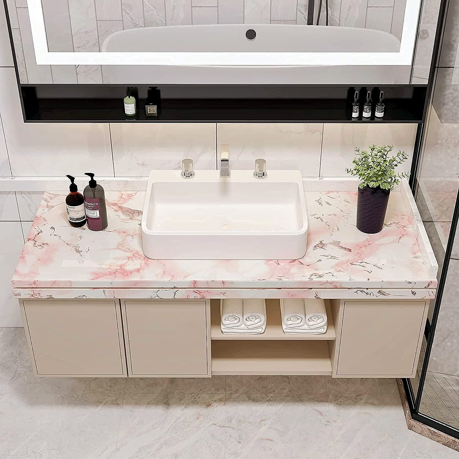 VIOPVERY Pink Marble Contact Paper Self Adhesive 35" x 197", Glossy Vinyl Wra…
