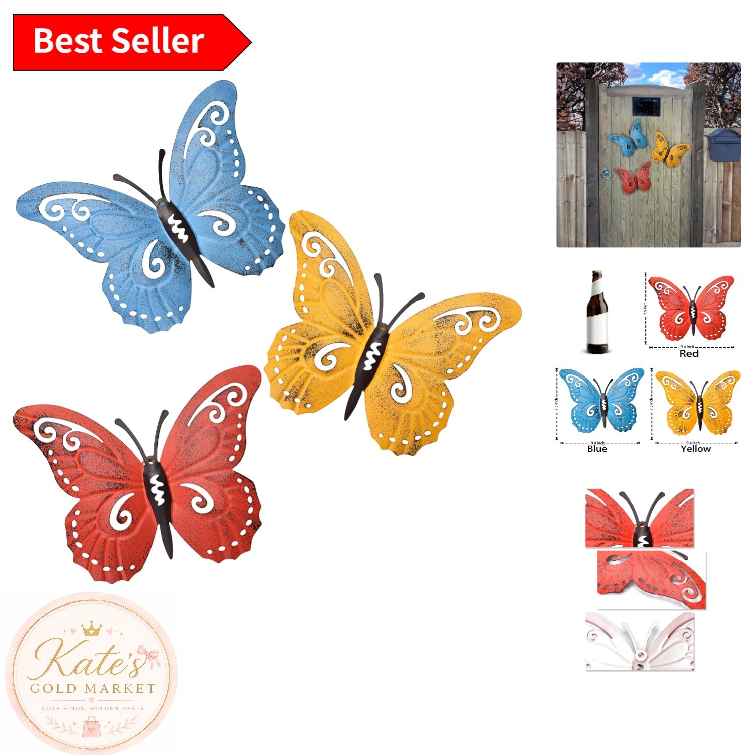 Set of 3 Colorful Butterfly Wall Sculptures – Elegant Indoor & Outdoor Accent