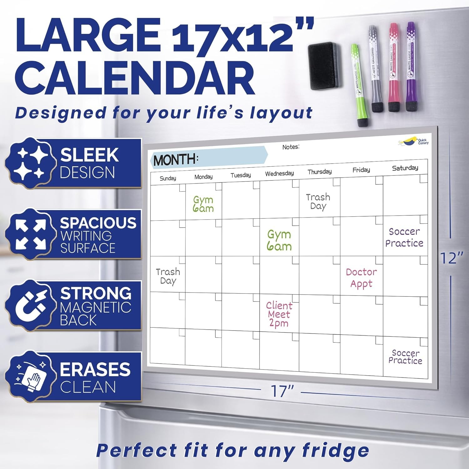 Magnetic Dry Erase Calendar for Refrigerator – 17×12” Stain-Resistant, Large Wri