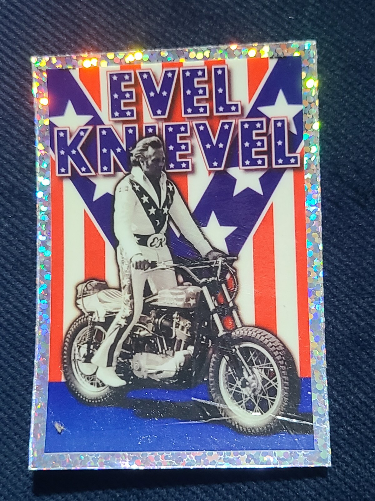 Evel Knievel Sparkle Motorcycle Jumping Sticker High Gloss 1970s Daredevil Decal