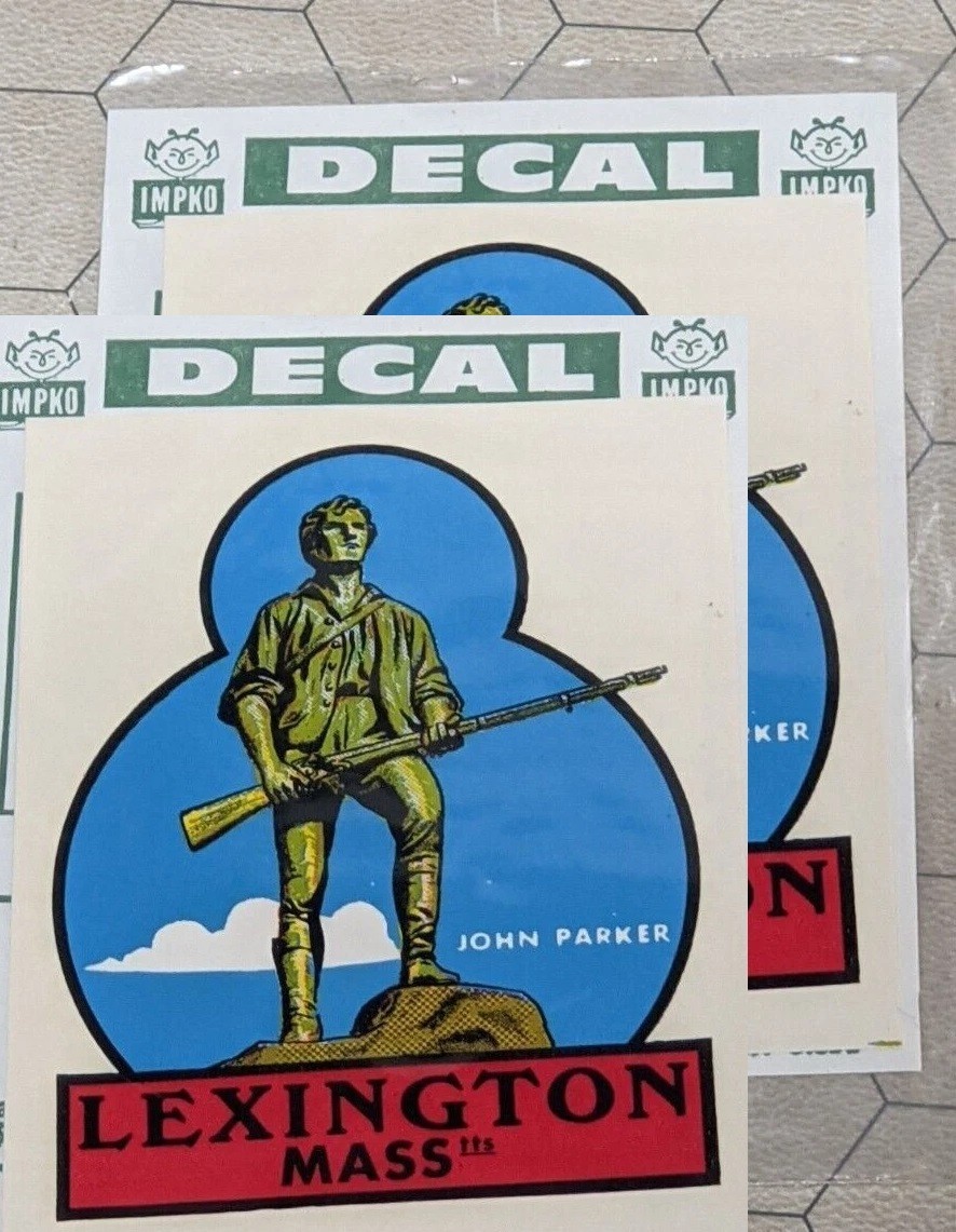 Lexington Mass John Parker Statue 3" x 4" Lot of 2 Vintage Impko Decals!